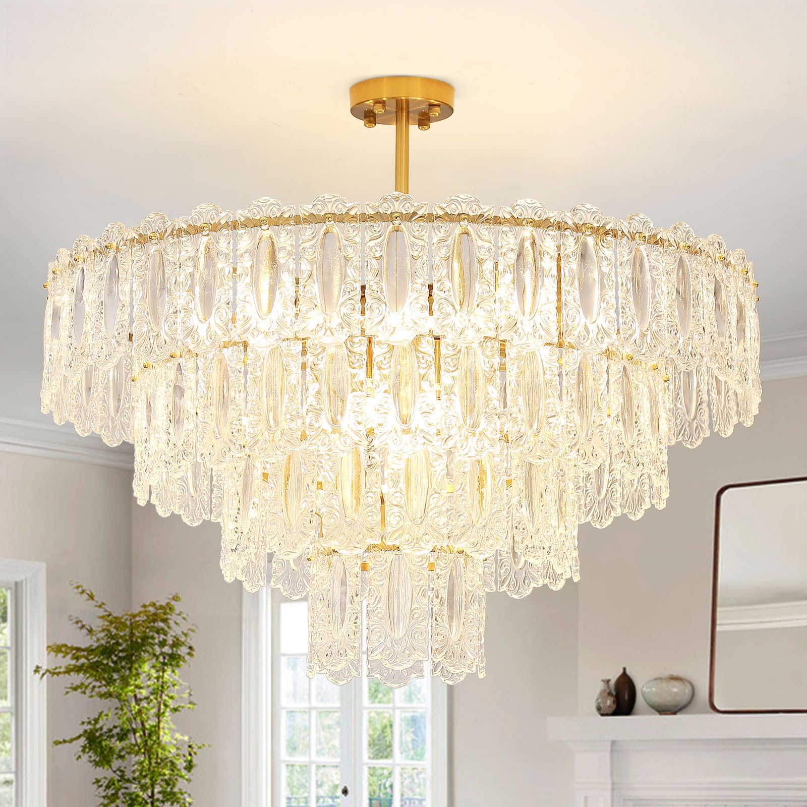 Wansi Modern Crystal Chandeliers for Bedroom: 24" Gold Crystal Hanging Ceiling Light Fixture with 3 Tiers French Glass Lampshade - Semi Flush Mount Chandelier for Dining Room Kitchen Included Bulbs