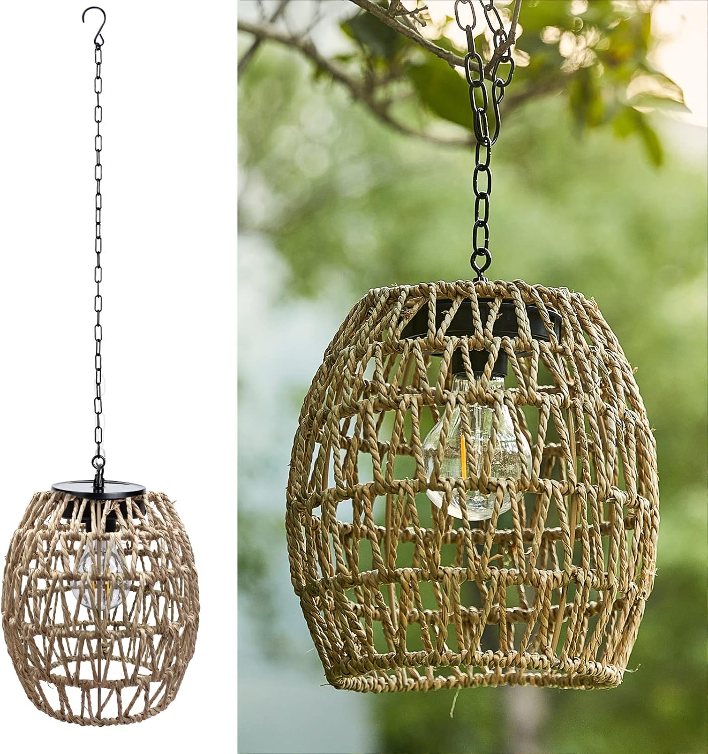 Battery Operated Outdoor Hanging Light Seagrass Woven Waterproof Porch Gazebo Patio Pendant Lantern Chandelier Lighting Decorative Hollow-Out Auto On/Off Warm White Bulb