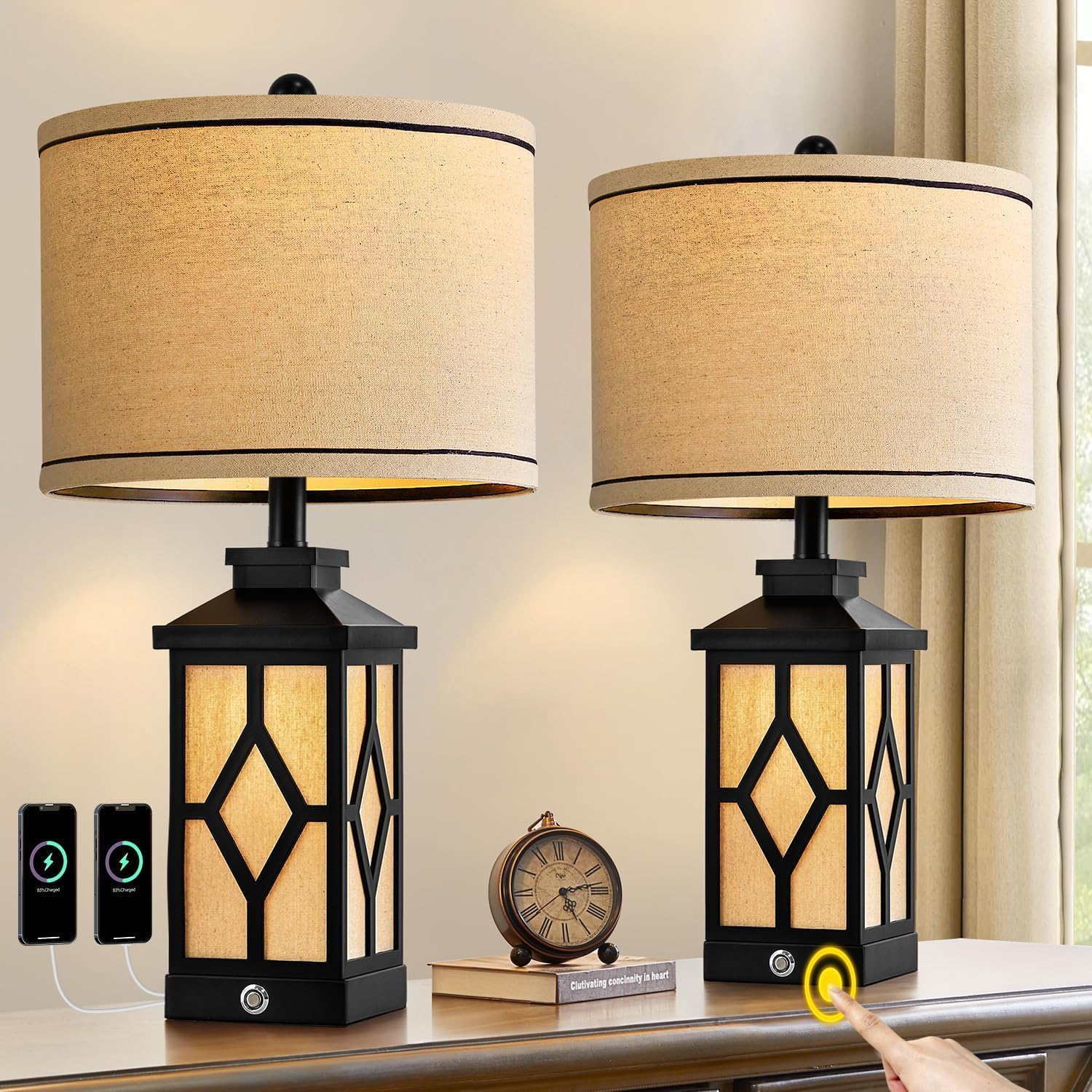 Touch Table Lamps Set of 2 Farmhouse Bedside Lamps with USB A+C Charging Ports 3-Way Dimmable Black Lamps for Living Room Retro Lamps for Night Stands Boho Bedroom Lamps