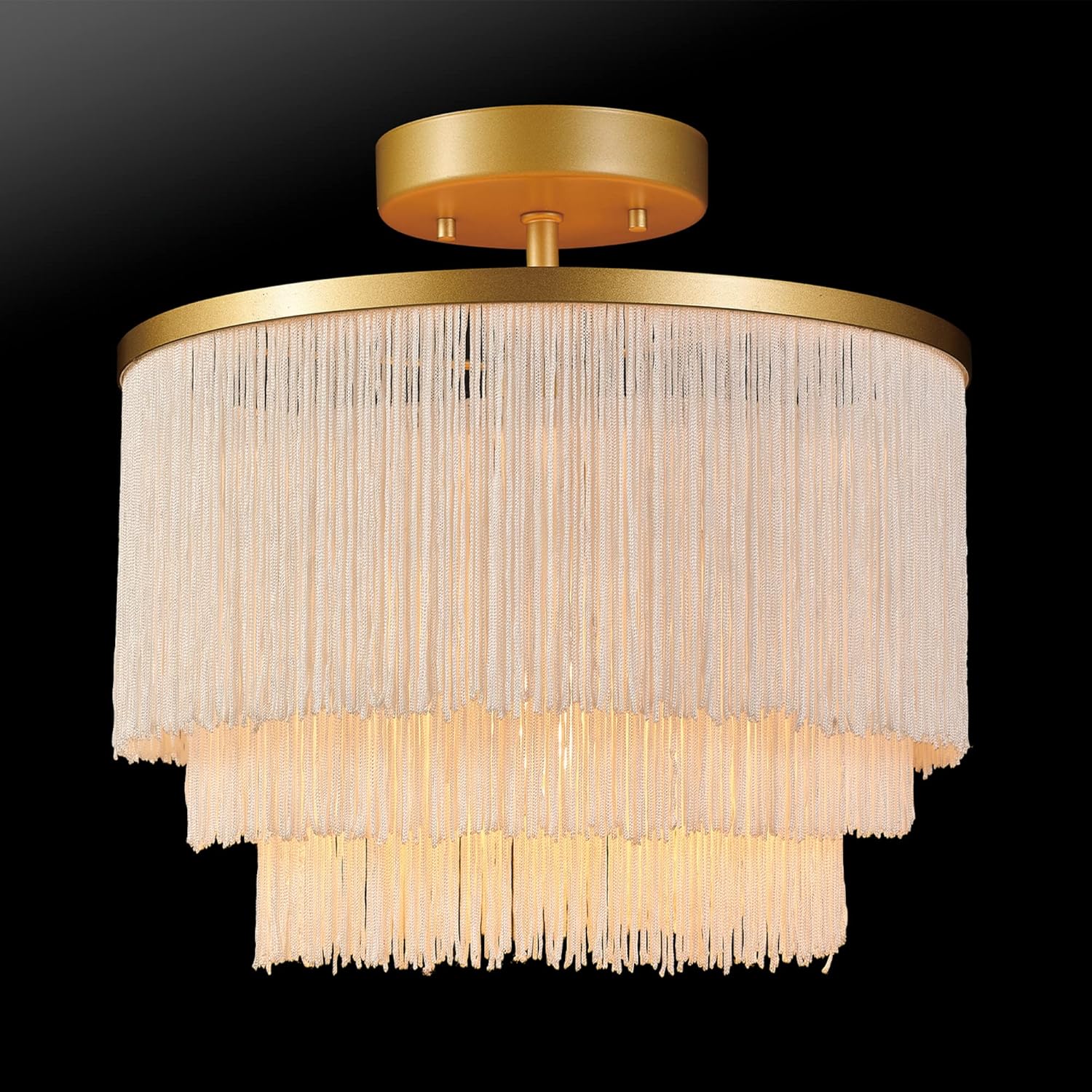 Globe Electric 65892 1-Light Flush Mount Ceiling Light, Matte Gold, White Fabric Fringe Shade, Bulb Not Included