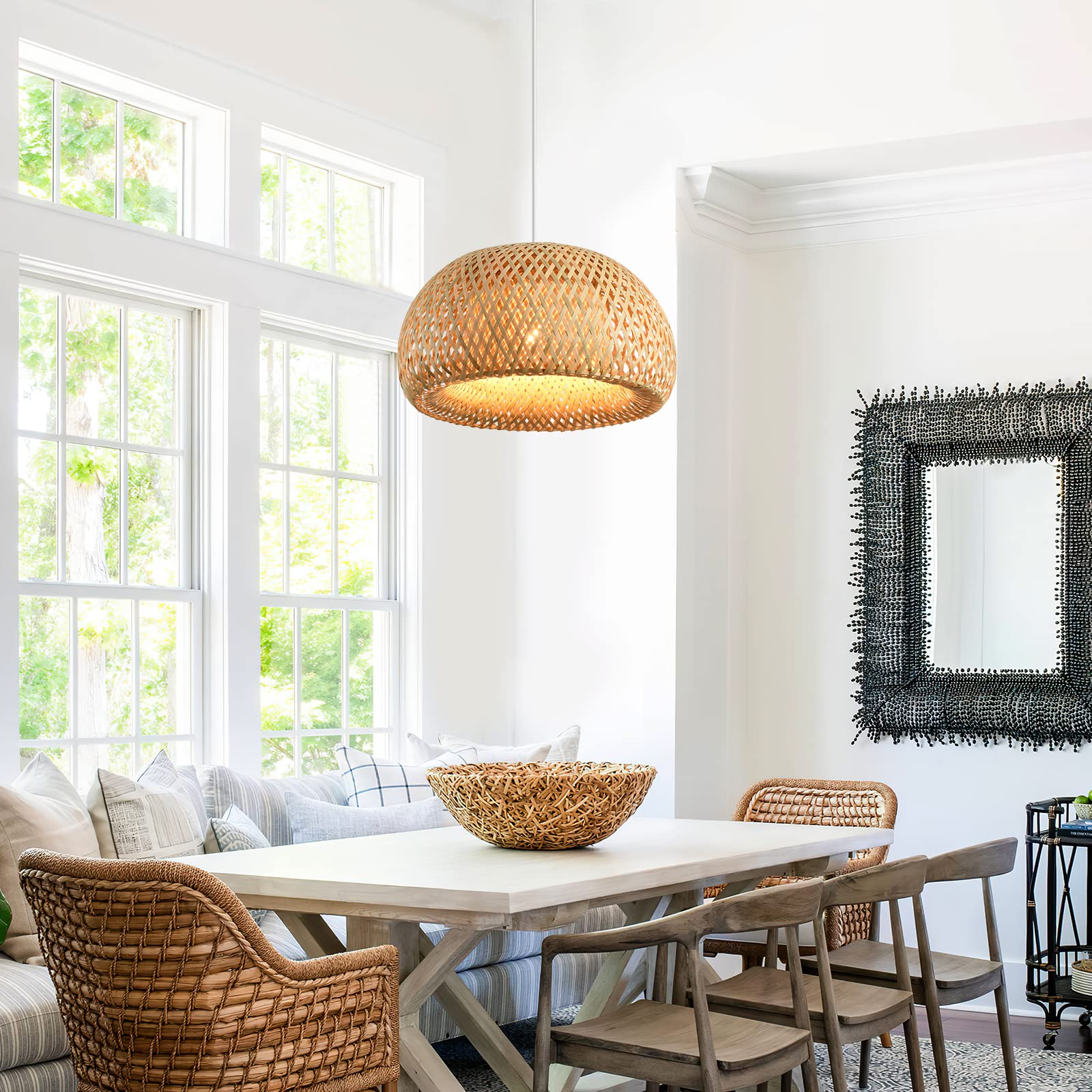 Boho Bamboo Pendant Light, 23.64in Bohemian Hand-Woven Rattan Chandelier Coastal Wicker Lighting Fixtures Hanging Lamp for Kitchen Island Dining Living Room Restaurants Bedroom