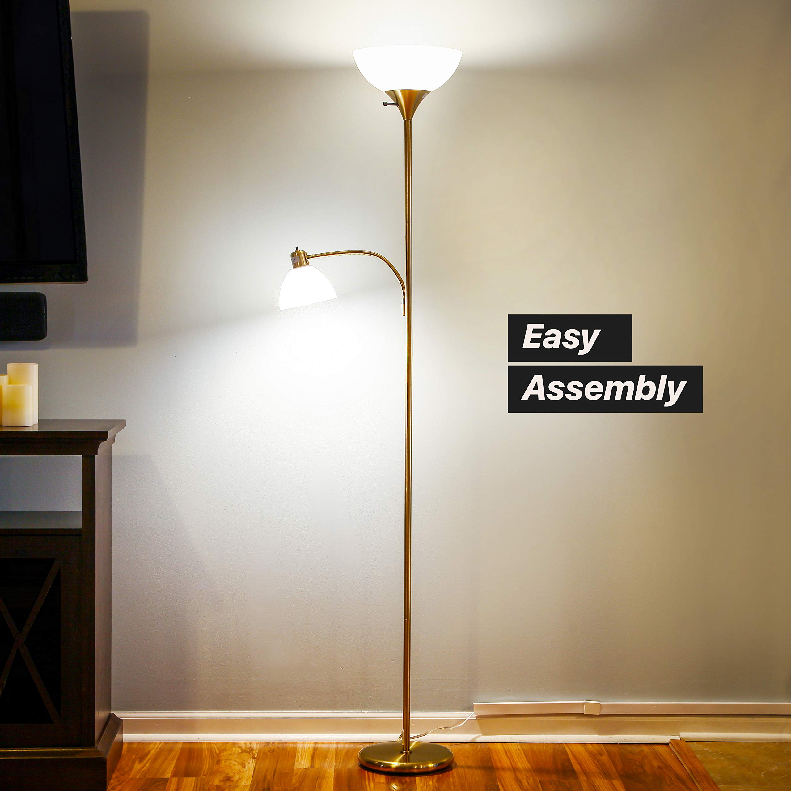 Sky Dome Plus LED Floor lamp, Torchiere Super Bright Floor Lamp with Reading Lamp for Living Rooms & Offices - Dimmable Tall Standing Lamp for Bedroom Reading - Gold Brass