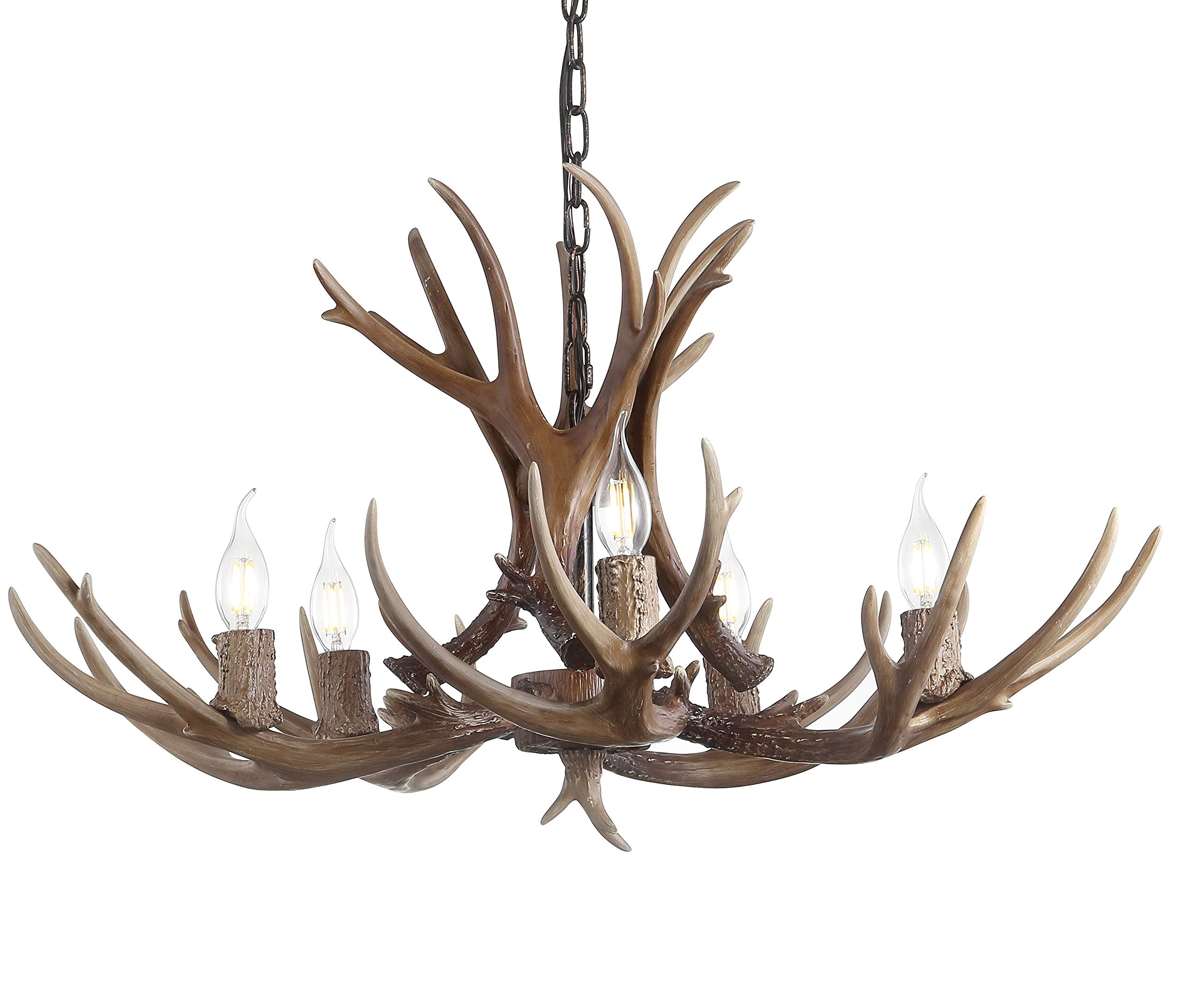 30" Adjustable Resin Antler 5-Light LED Chandelier, Glam, Rustic,Cottage,Transitional, Dimmable Dining Room, Living Room, Kitchen, Foyer, Bedroom, White