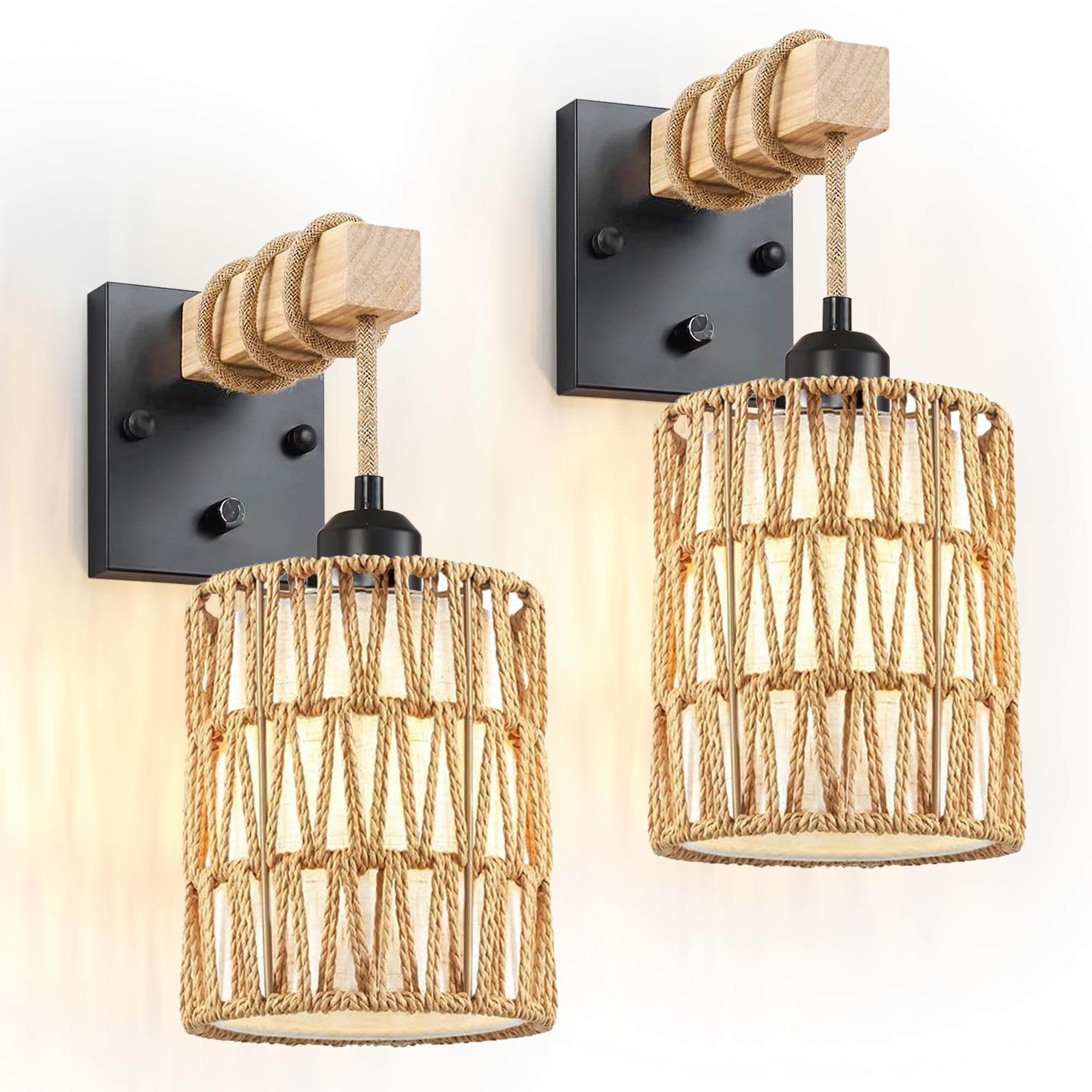 Rattan Plug in Wall Sconces Set of Two,Wicker Wall Lamp with Plug in Cord Hand Woven Rattan Plug in Wall Lamp Rustic Wall Lighting Boho Wall Sconces for Living Room Bedroom