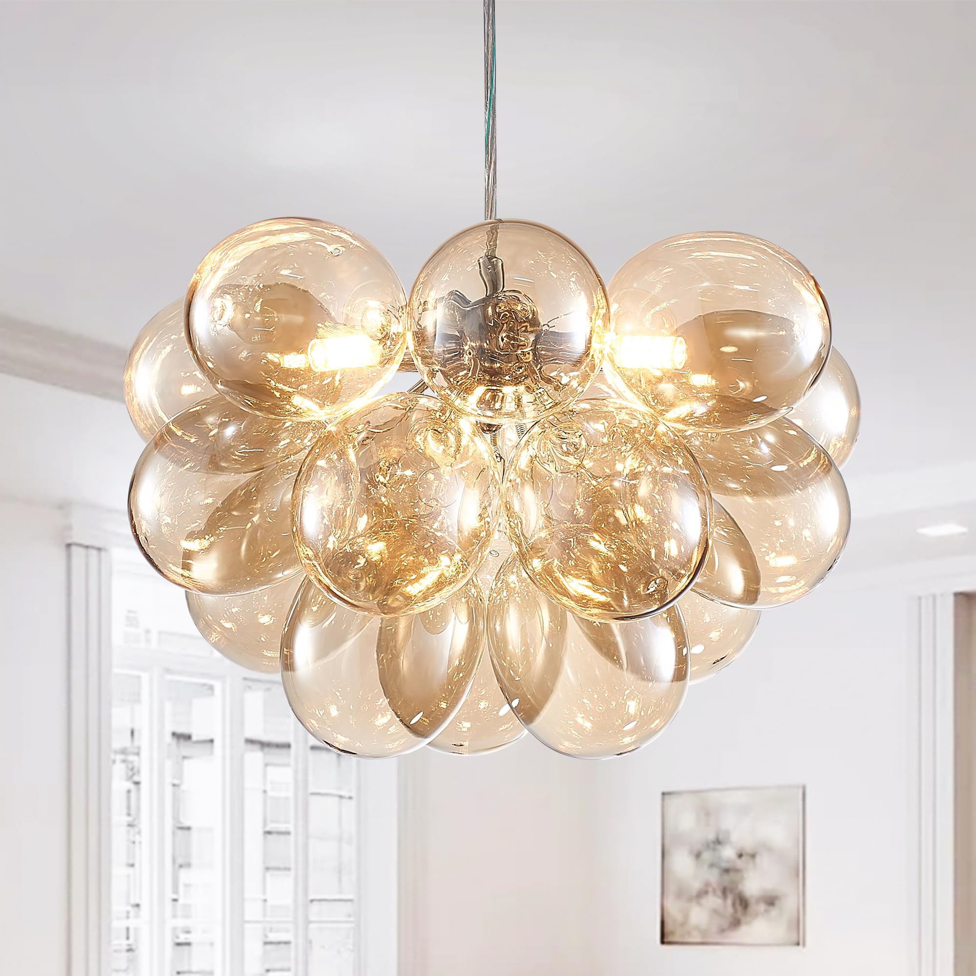 Semi Flush Mount Ceiling Bubble Ball Chandelier Lighting Dia 20 Inch Gold Clear Ribbed Blown Glass Chandeliers Ceiling Medallions Light Fixtures for Bedroom, Living Room, Entry, Bathroom