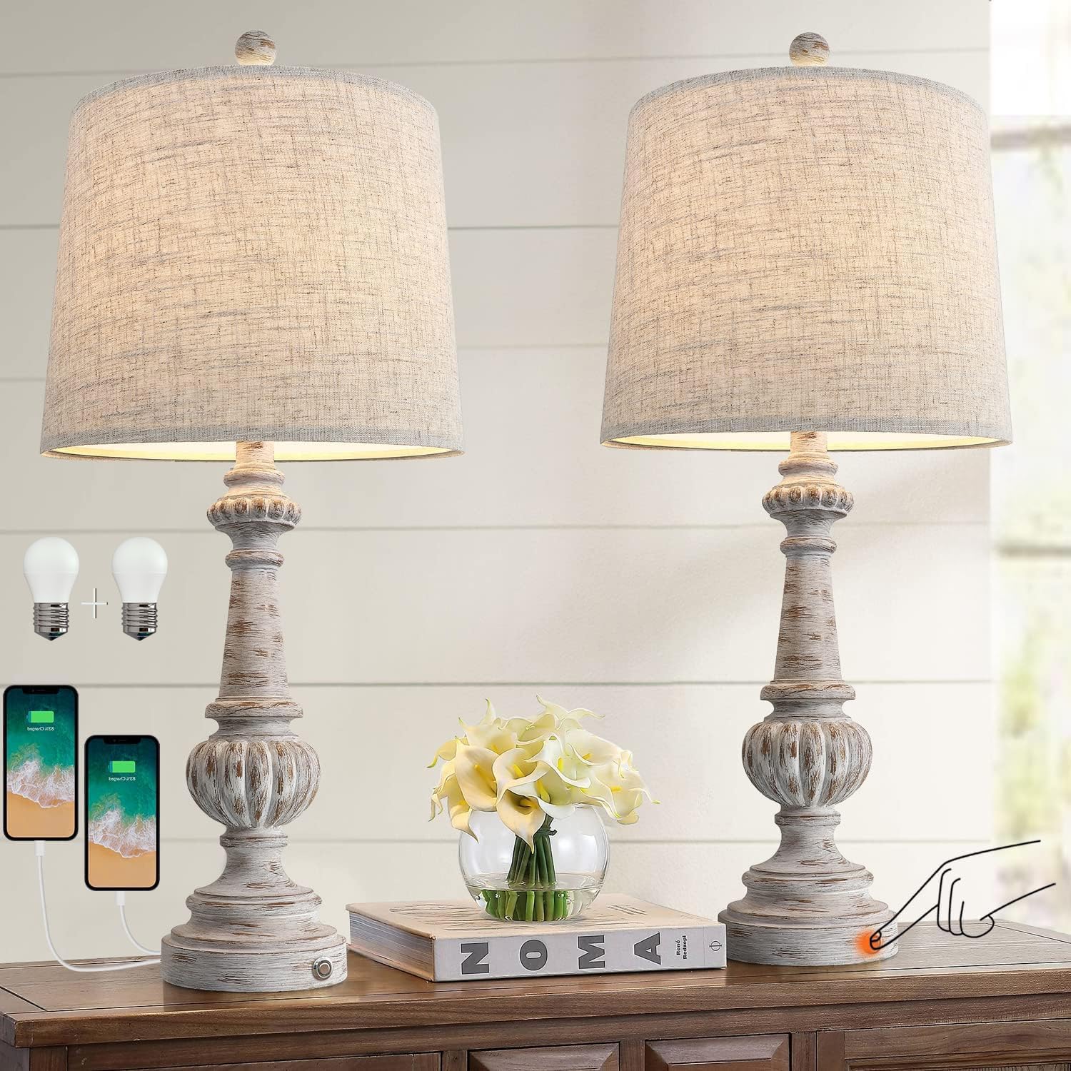 24.5" Mid Century Single Table Lamp for Living Room Farmhouse Linen Bedside Lamps for Bedroom Kids Room Dorm Office Rustic Lamps for End Table Nigntstand Resin