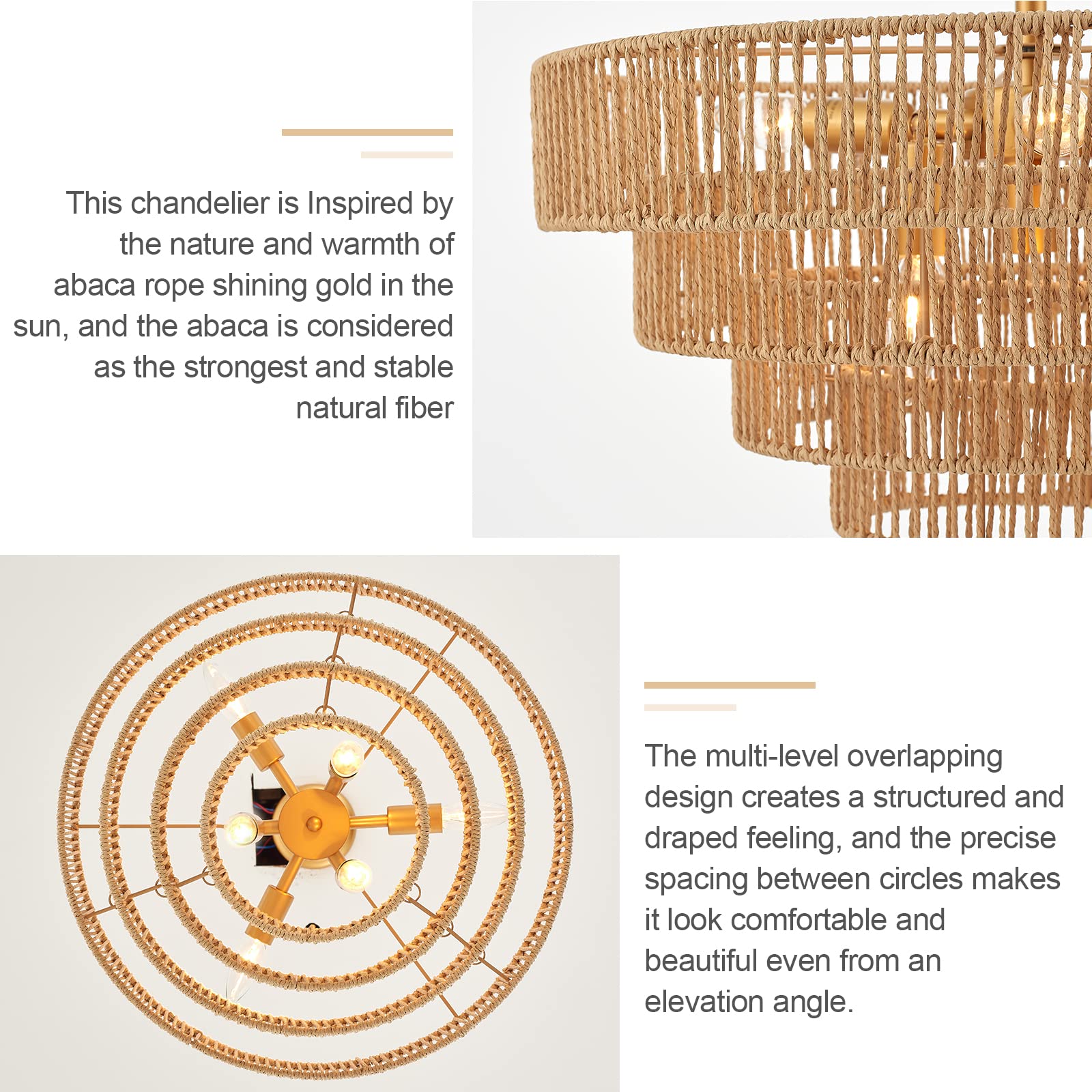 6-Lights Hand-Woven Rattan Pendant Light 4 Round Transitional Minimalist Boho Large Pendant Light for Kitchen Island Dining Room Living Room Hallway, Dia 20 Inch, UL Listed