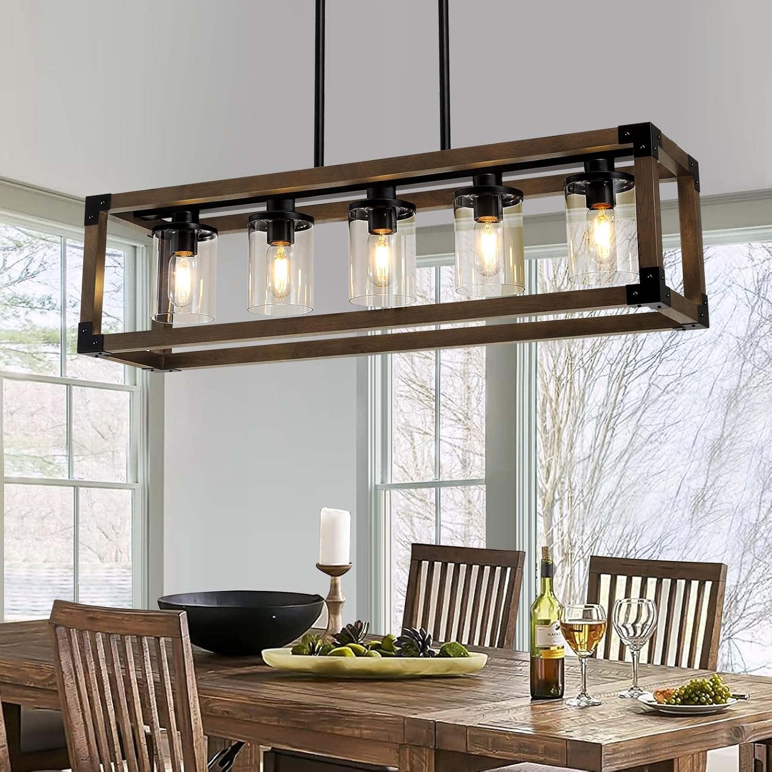 5-Light Kitchen Island Lighting, 35.4-Inch Hanging for Farmhouse Linear Chandeliers,Dining Room Light Fixture/Chandelier Over Table,Black Rustic Wooden Ceiling Chandelier,with Clear Glass Shade