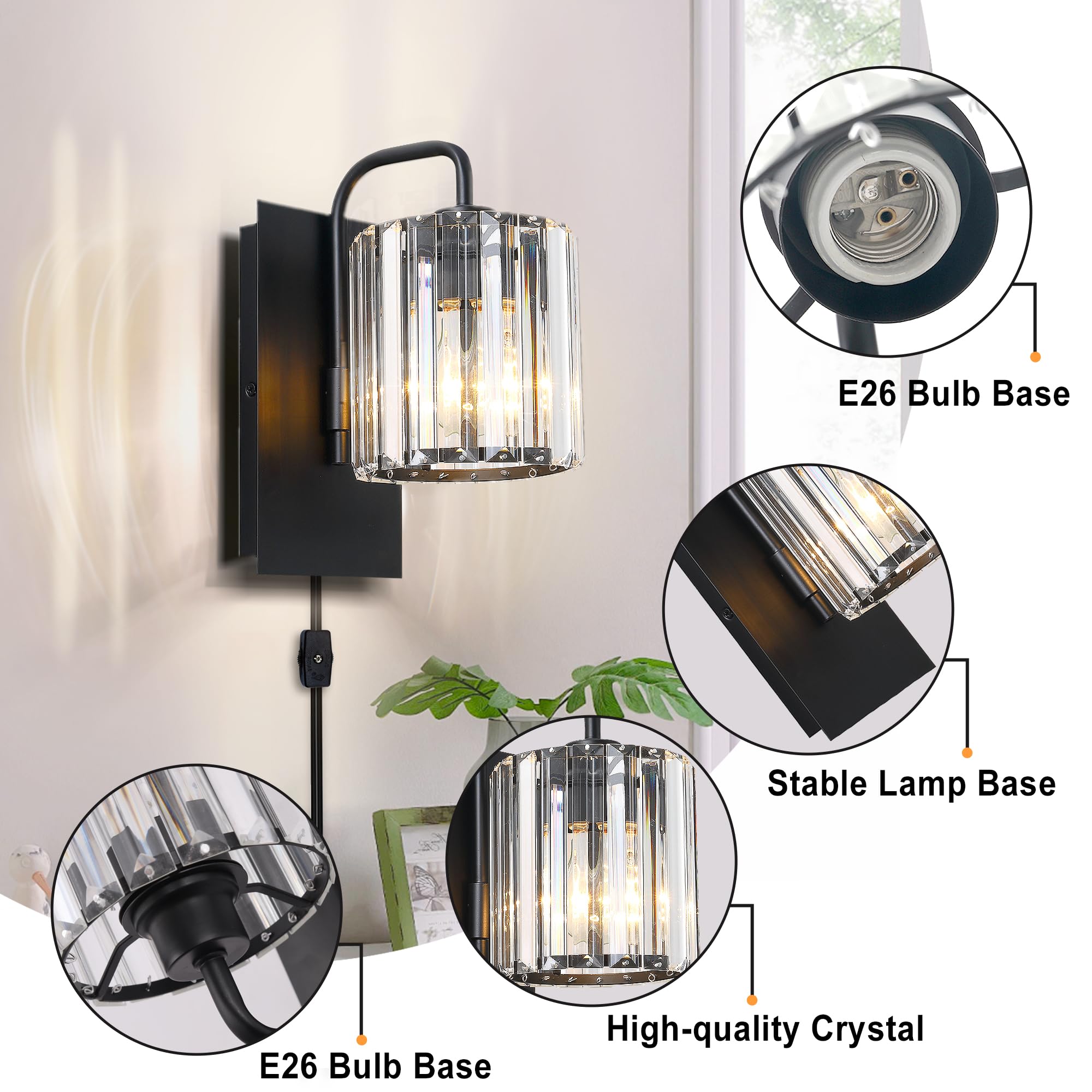 Crystal Wall Sconces,Black Wall Light Fixtures,Bedroom Wall Lights with Glass Shade,Modern Sconces Wall Lighting Black Sconce for Living Room Bathroom