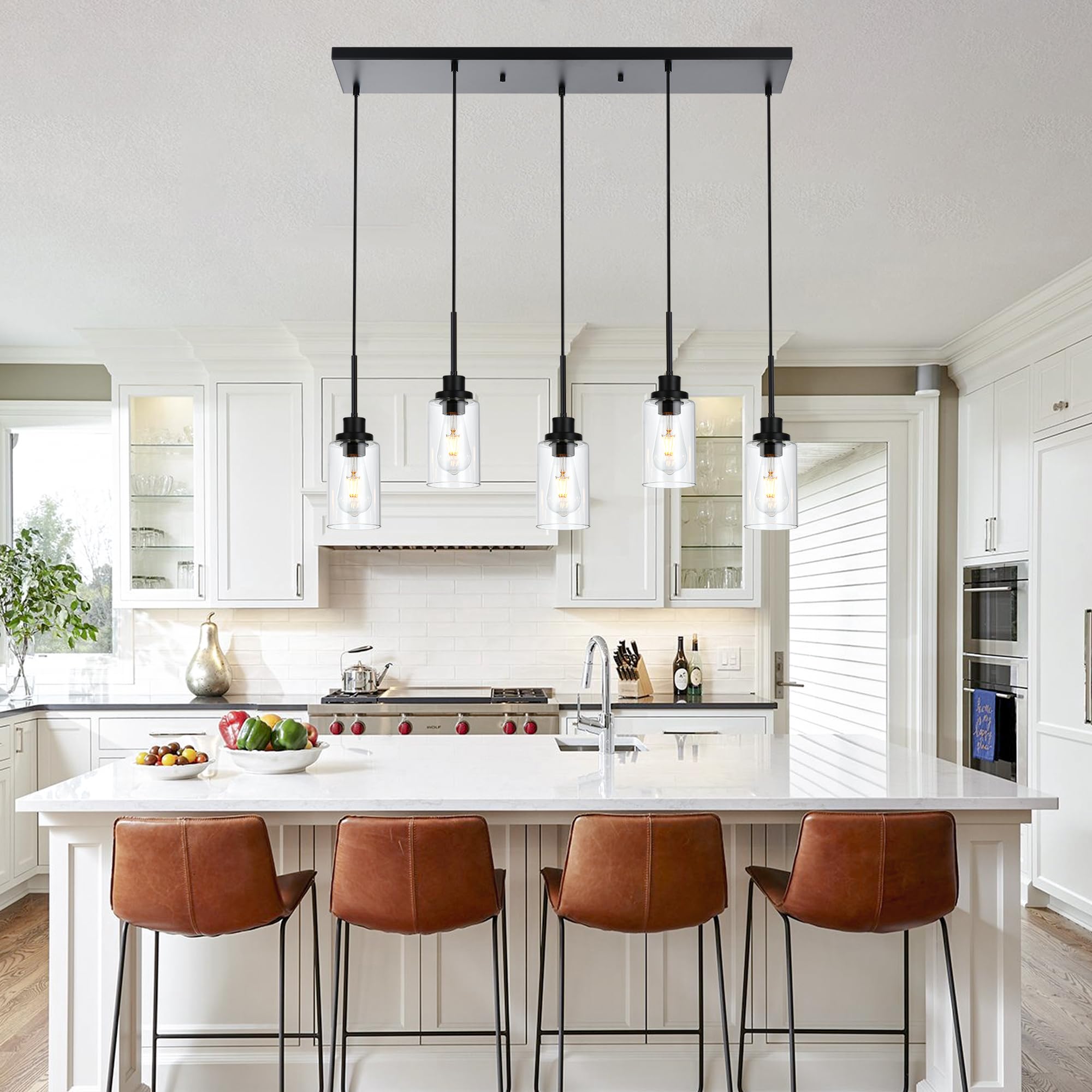 Black Pendant Lights for Kitchen Island, 5-Light Dining Room Light Fixtures Linear Chandeliers with Clear Glass Shade, DIY Hanging Lamp Ceiling for Dining Room Kitchen Bar