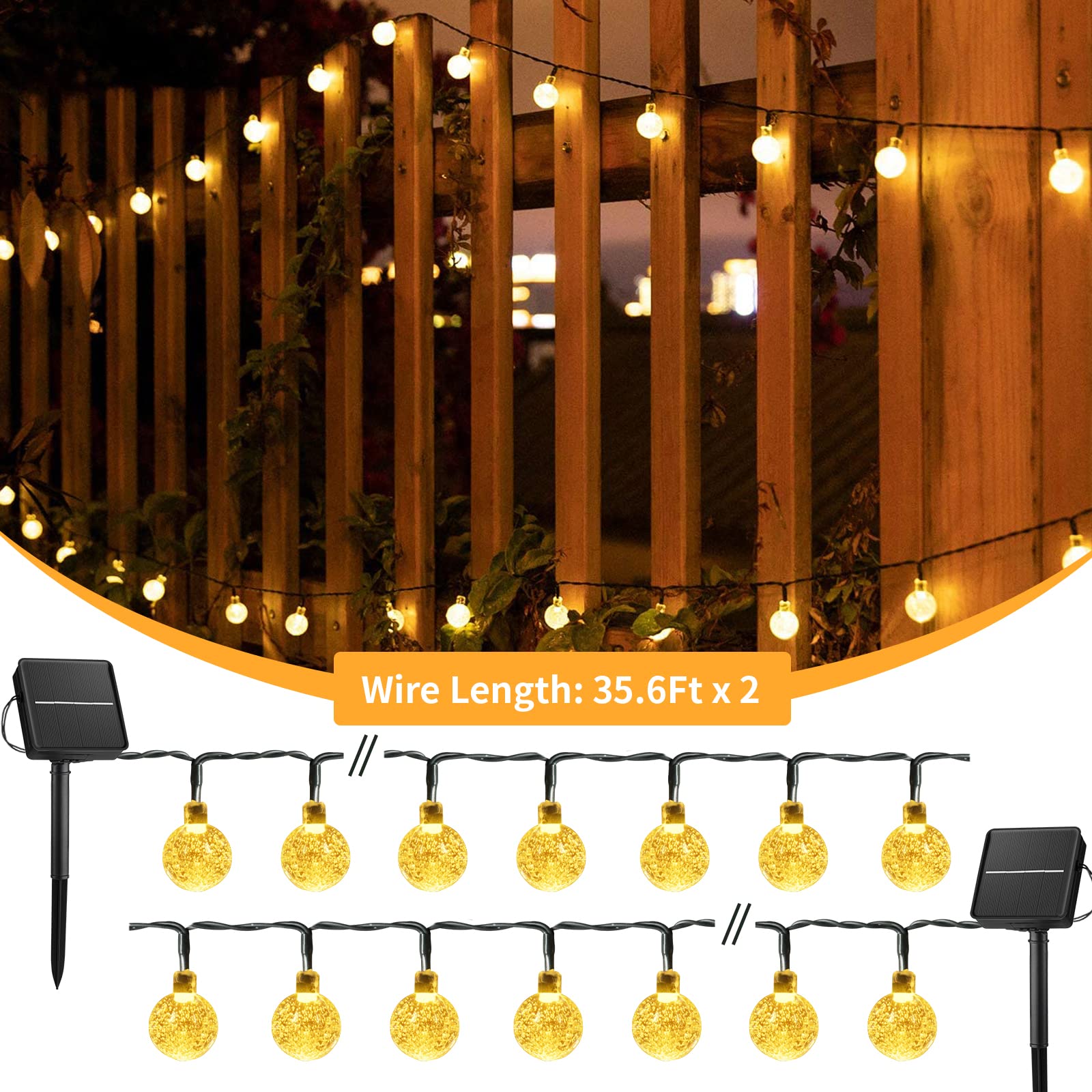 120 LED 72FT Solar Lights Outdoor Waterproof, Crystal Globe Lights with 8 Lighting Modes, Solar Powered Patio Lights for Garden Yard Porch Wedding Party Decor (Warm White)