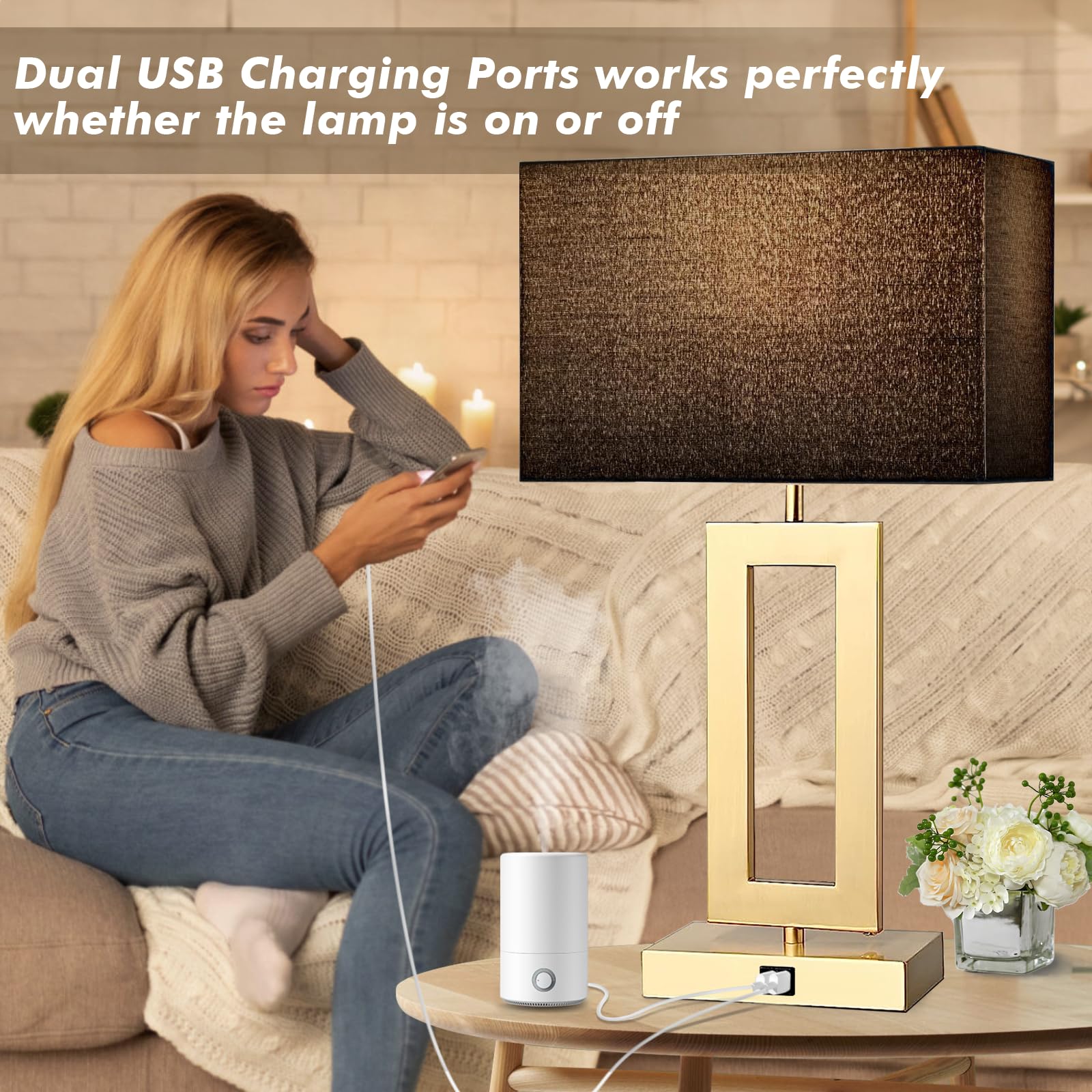 Silver Table Lamps Set of 2 with Dual USB Ports,3-Way Dimmable Touch Control Bedside Lamps,Modern Bedroom Table Lamp for Living Room,Nightstand LED Bulbs Included