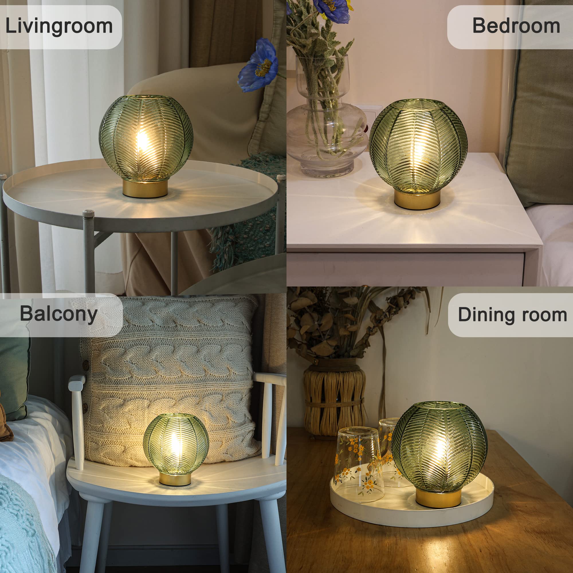 Battery Powered Lamp with Timer, Cordless Battery Operated Table Lamp with LED Bulb, Decorative Small Lamp Glass for Nightstand Bedside Bedroom Living Room-Green