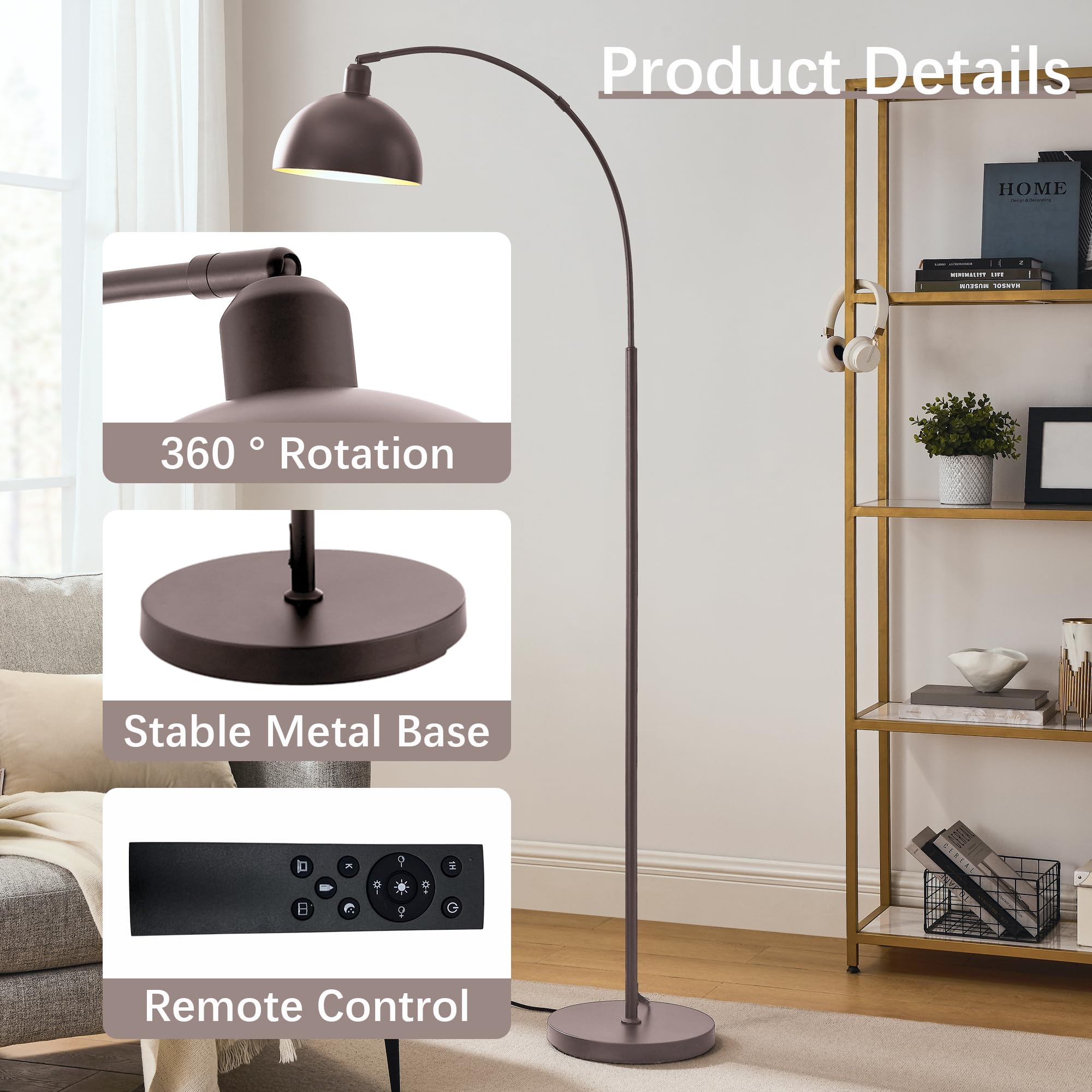 Curved Floor Lamp with Remote Control and Adjustable Hanging Drum Lampshade with Foot Switch, Suitable for Black Desk Lamp, Reading Lamp Next to Sofa, and Living Room (Coffee Gold)