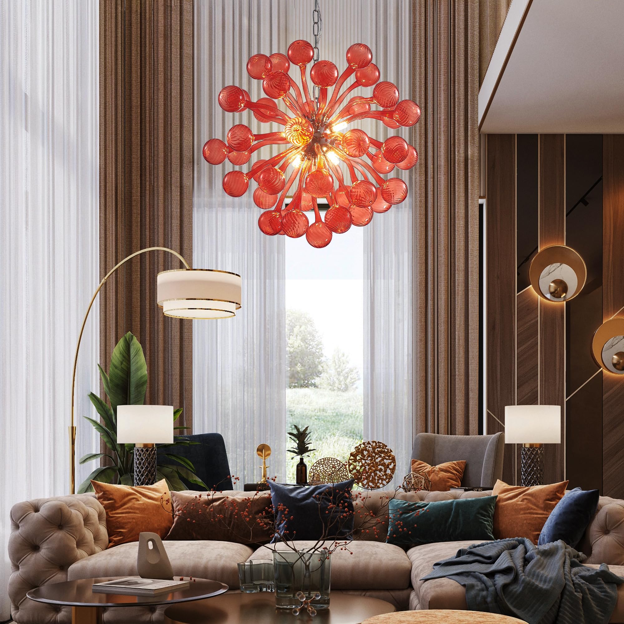 Semi Flush Mount Ceiling Bubble Ball Chandelier Lighting Dia 20 Inch Gold Clear Ribbed Blown Glass Chandeliers Ceiling Medallions Light Fixtures for Bedroom, Living Room, Entry, Bathroom