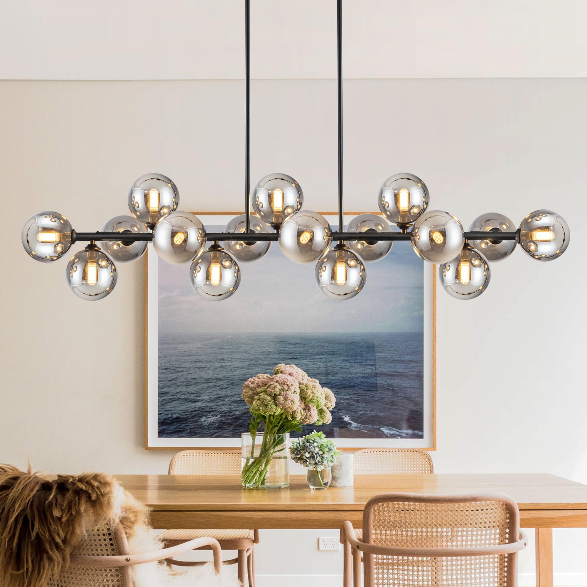 Modern Chandelier Large Chandelier 16-Light Dining Room Light Fixture Chandeliers for Dining Room Island Lights for Kitchen White Pendant Lights Kitchen Island Lighting Sputnik Light Fixture 55in