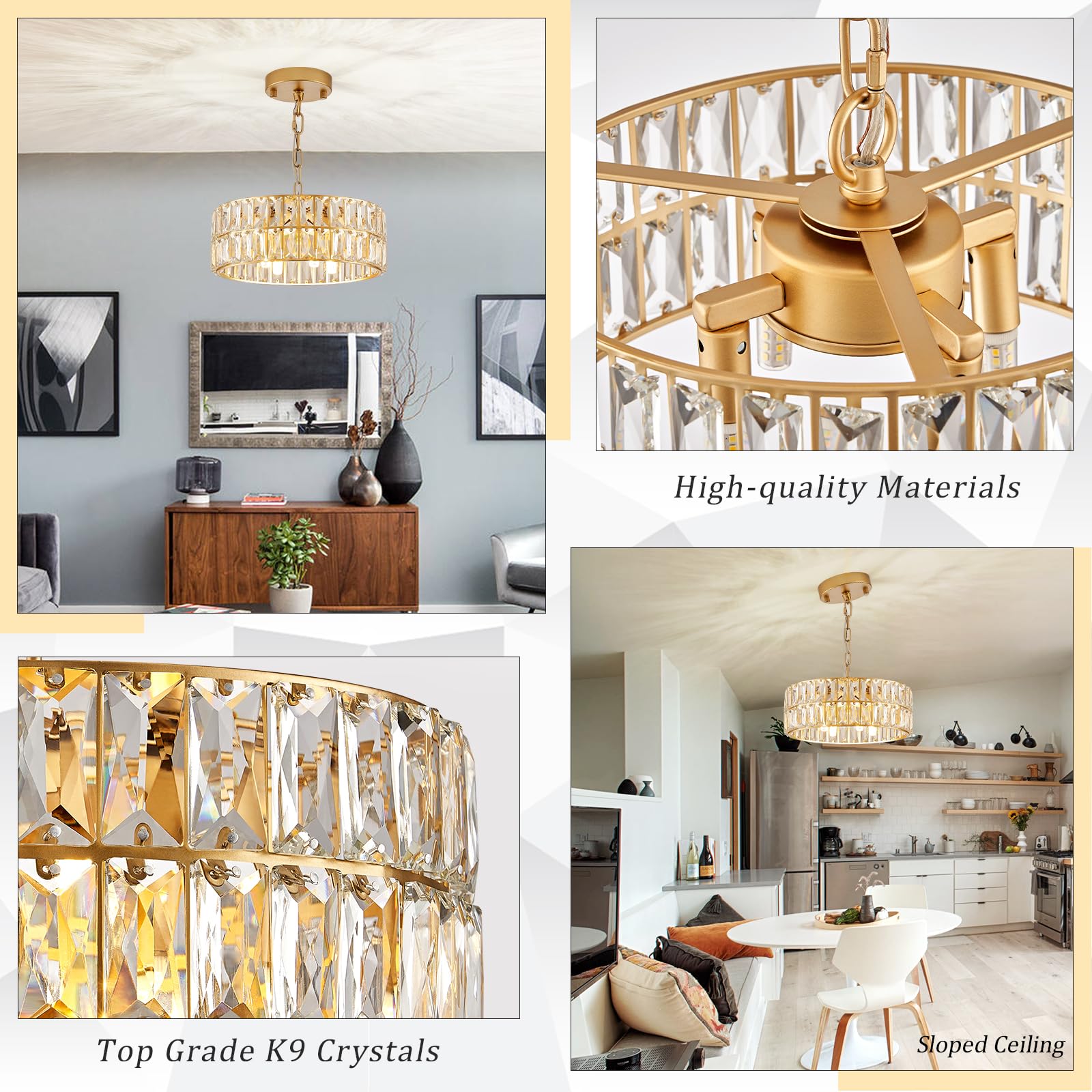 Gold Crystal Chandeliers, Modern Semi Flush Mount Chandelier 4-Ligh Drum Crystal Ceiling Pendant Light Fixture 12” for Foyer Entryway Kitchen Hallway Dining Room