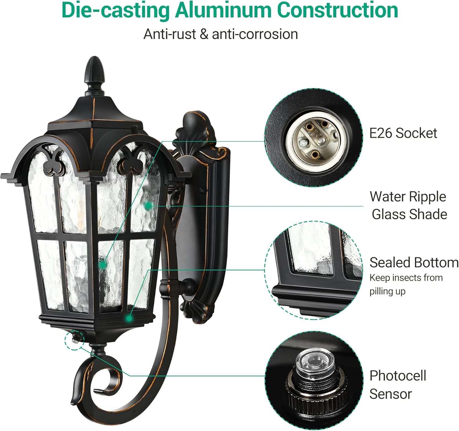 Dusk to Dawn Outdoor Wall Light, 17" Exterior Light Fixture Wall Lantern, Black Roman Porch Light Wall Lamp with Water Ripple Glass, Waterproof Wall Mount Sconce for Porch, Garage, Patio