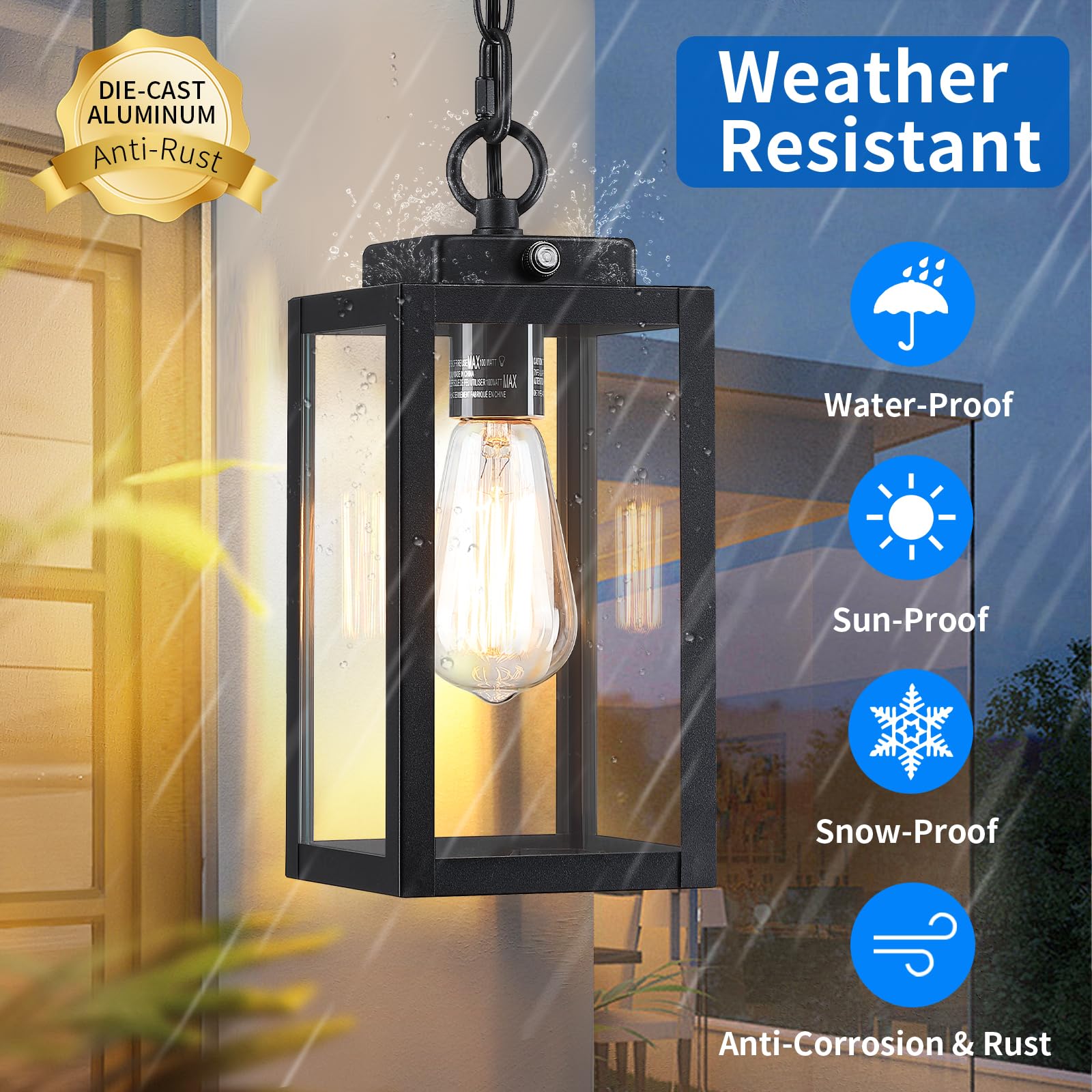 Outdoor Pendant Light, 11'' Dusk to Dawn Modern Outside Chandelier Outdoor Hanging Lantern Light, Matte Black with Clear Glass, Exterior Pendant Lighting Fixture for Porch, Yard, Gazebo, 1Pack