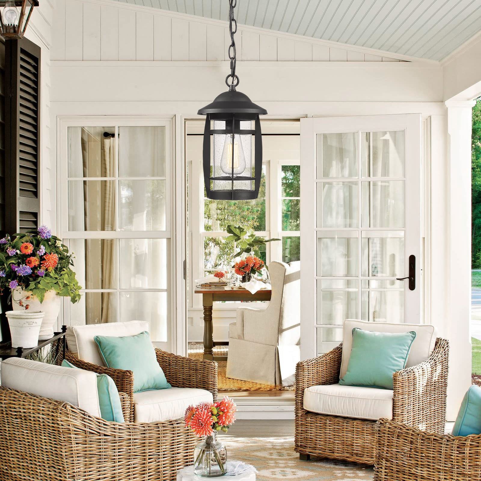 Outdoor Pendant Light for Porch, Exterior Hanging Lantern Outdoor Chandelier in Black Finish for Entryway, Doorway, Farmhouse, Foyer