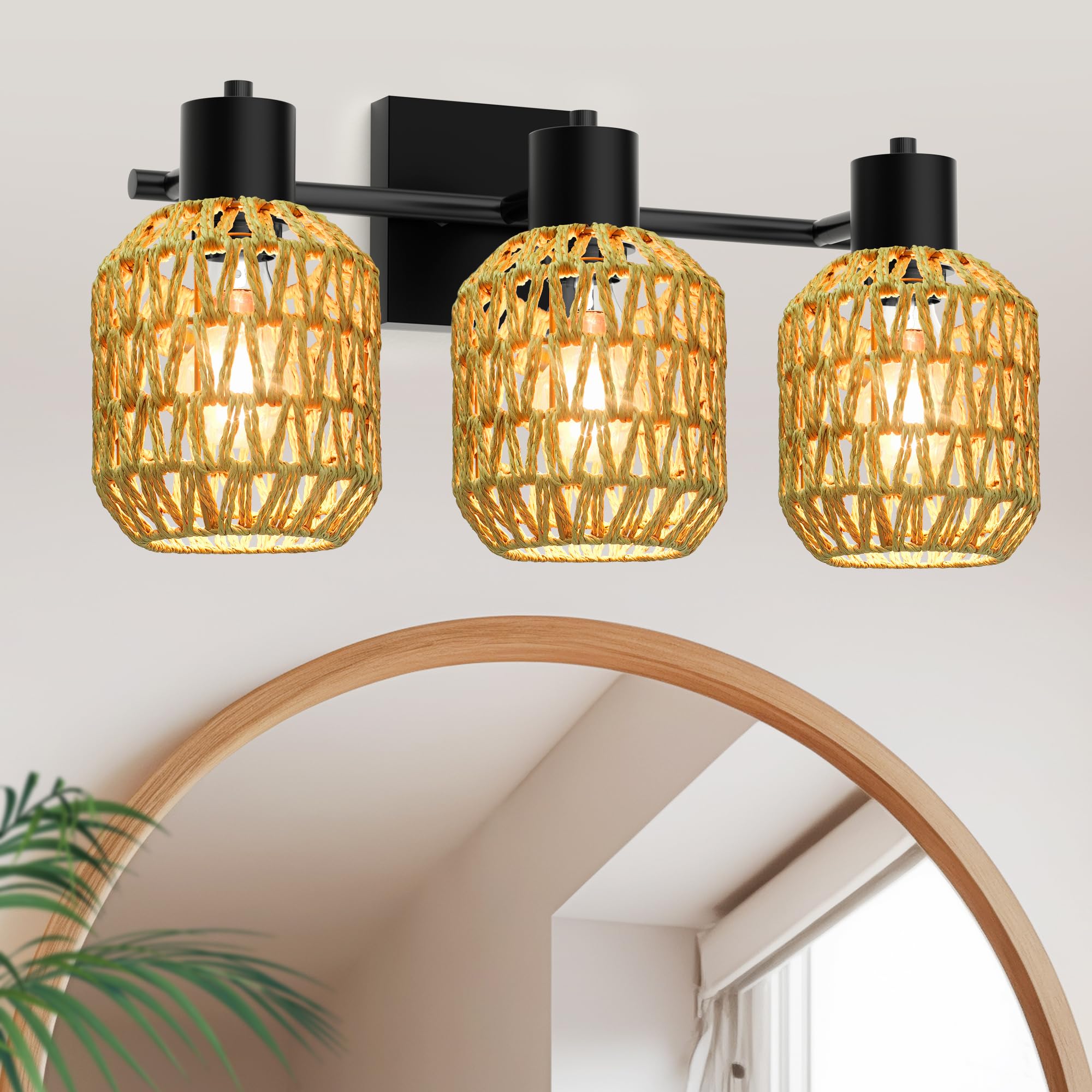 Rattan Wall Sconces Set of Two, Boho Bathroom Vanity Lighting Fixtures over Mirror, Hardwired Farmhouse Wall Lamp with 330°Adjustable Arm for Living Room, Bedroom and Hallway, E26 Base (Not Included)