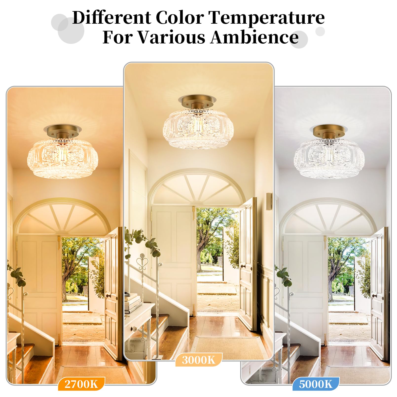 Semi Flush Mount Ceiling Light, Globe Glass Ceiling Light Fixture, Gold Modern Lighting for Hallway Porch Corridor Kitchen Bedroom, Bulb Not Included