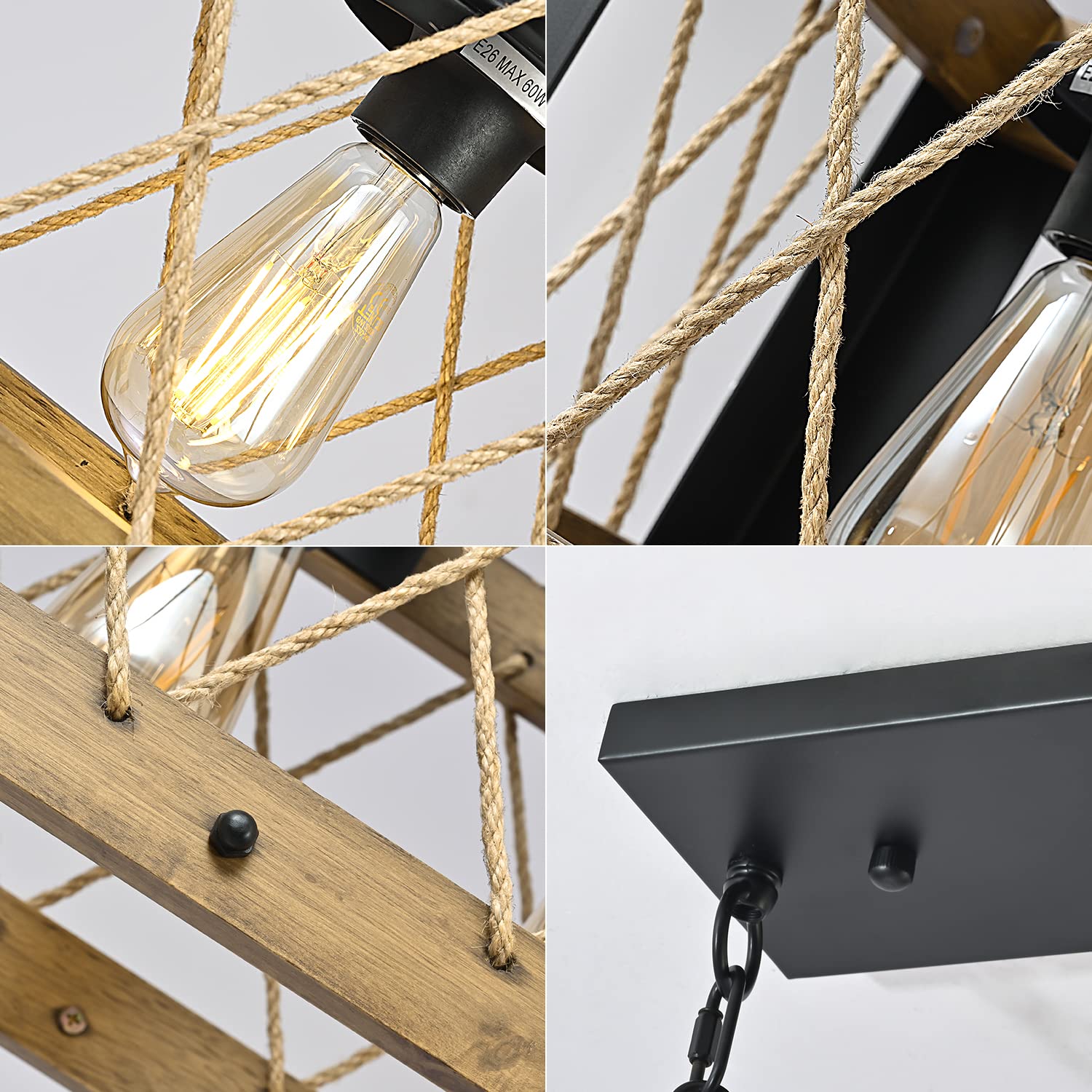 5-Light Wood Chandelier, Wooden & Black Metal Finish Hemp-Rope Pendant Light, Adjustable Fixtures Vintage Pendant for Kitchen Island, Dining Room (Bulbs not Included)