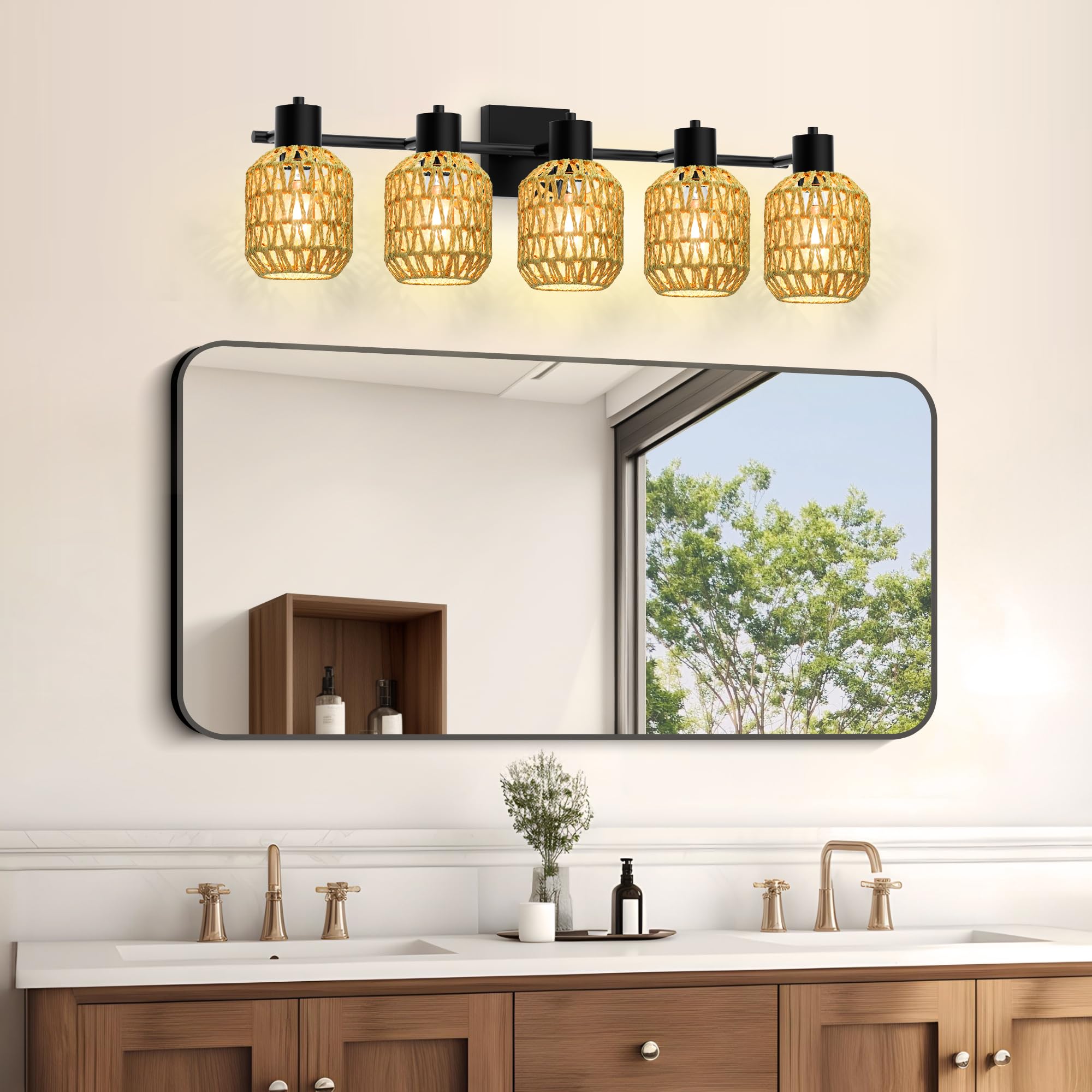 Rattan Wall Sconces Set of Two, Boho Bathroom Vanity Lighting Fixtures over Mirror, Hardwired Farmhouse Wall Lamp with 330°Adjustable Arm for Living Room, Bedroom and Hallway, E26 Base (Not Included)