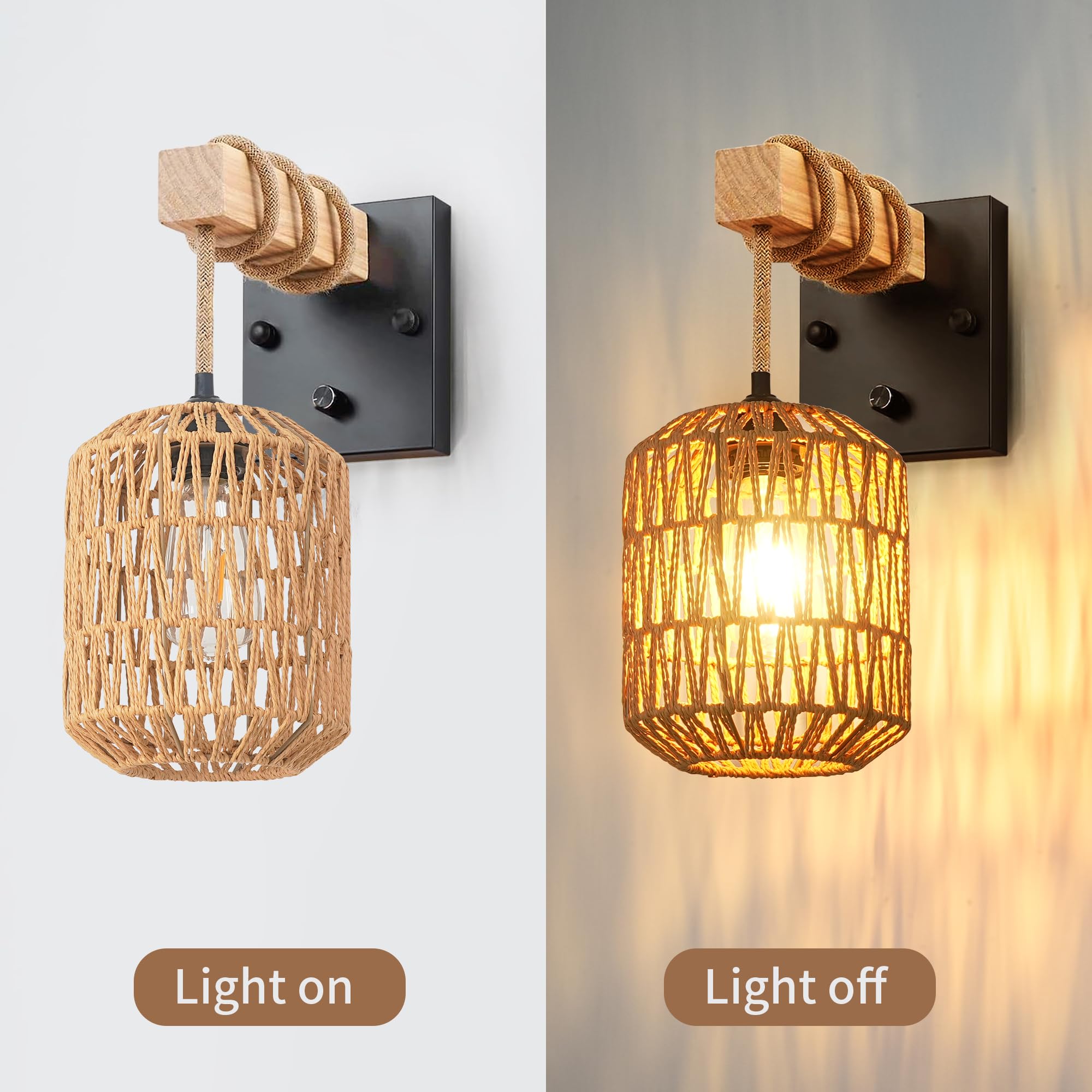 Rattan Plug in Wall Sconces Set of Two,Wicker Wall Lamp with Plug in Cord Hand Woven Rattan Plug in Wall Lamp Rustic Wall Lighting Boho Wall Sconces for Living Room Bedroom