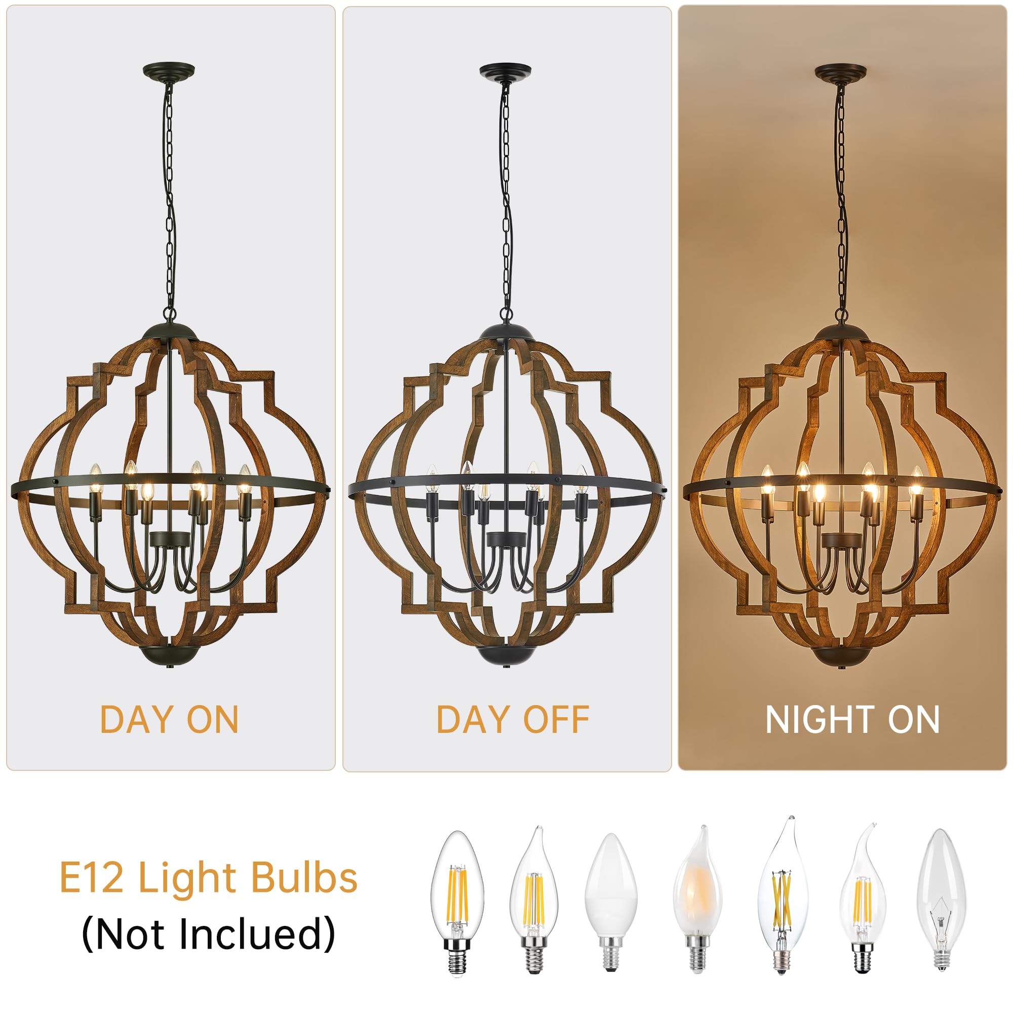 6-Light Farmhouse Wood Pendant Light,22.83'' Vintage Rustic Brown Oak Wood Chandeliers,Retro Industrial Hanging Light Fixtures for Dining Room Entryway, Bedroom