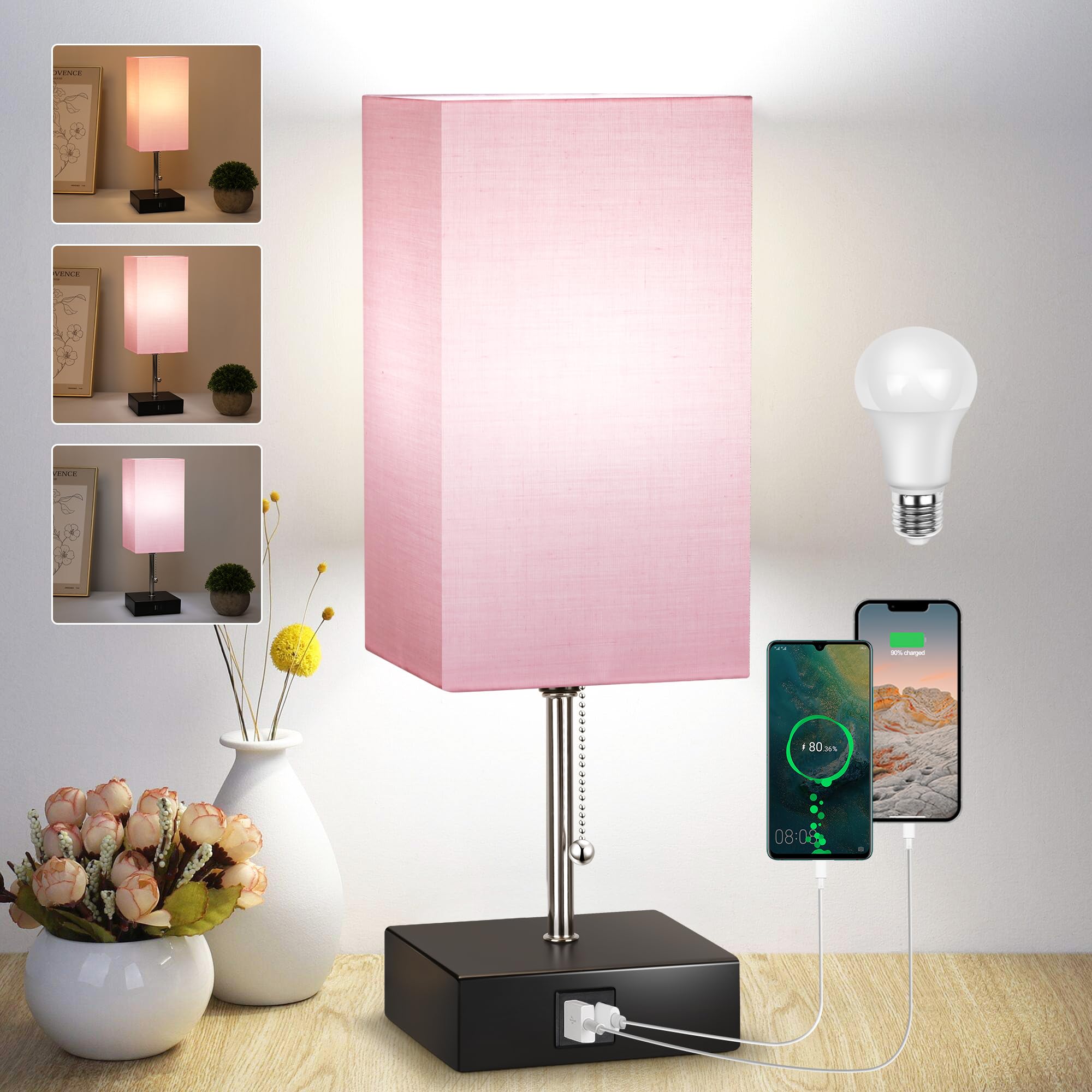 3 Color Temperature Bedside Lamp with USB C and USB A Ports Grey Table Lamps for Bedroom Nightstand Small Lamps Bed Lamp Desk Lamps by Pull Chain (Bulb Included)