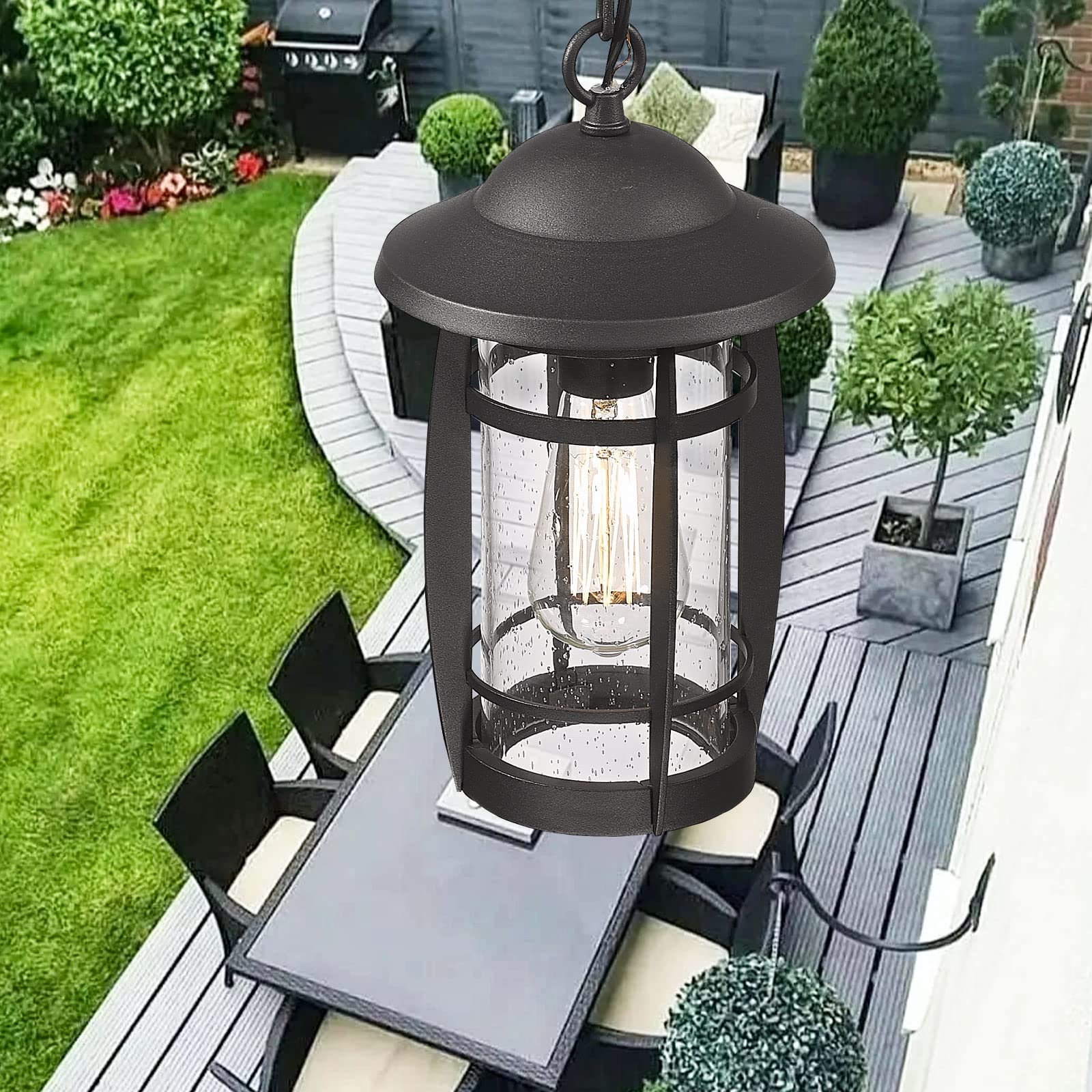 Outdoor Pendant Light for Porch, Exterior Hanging Lantern Outdoor Chandelier in Black Finish for Entryway, Doorway, Farmhouse, Foyer