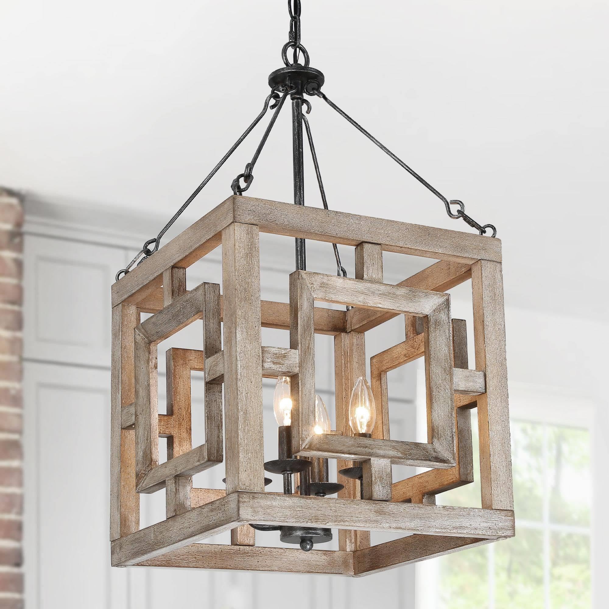 Farmhouse Chandelier, 4-Light Rustic Wood Cage Dining Room Chandelier Over Table, Wooden Square Chandeliers Hanging Light Fixture for Bedrooms, Kitchen Island, Entryway, Foyer