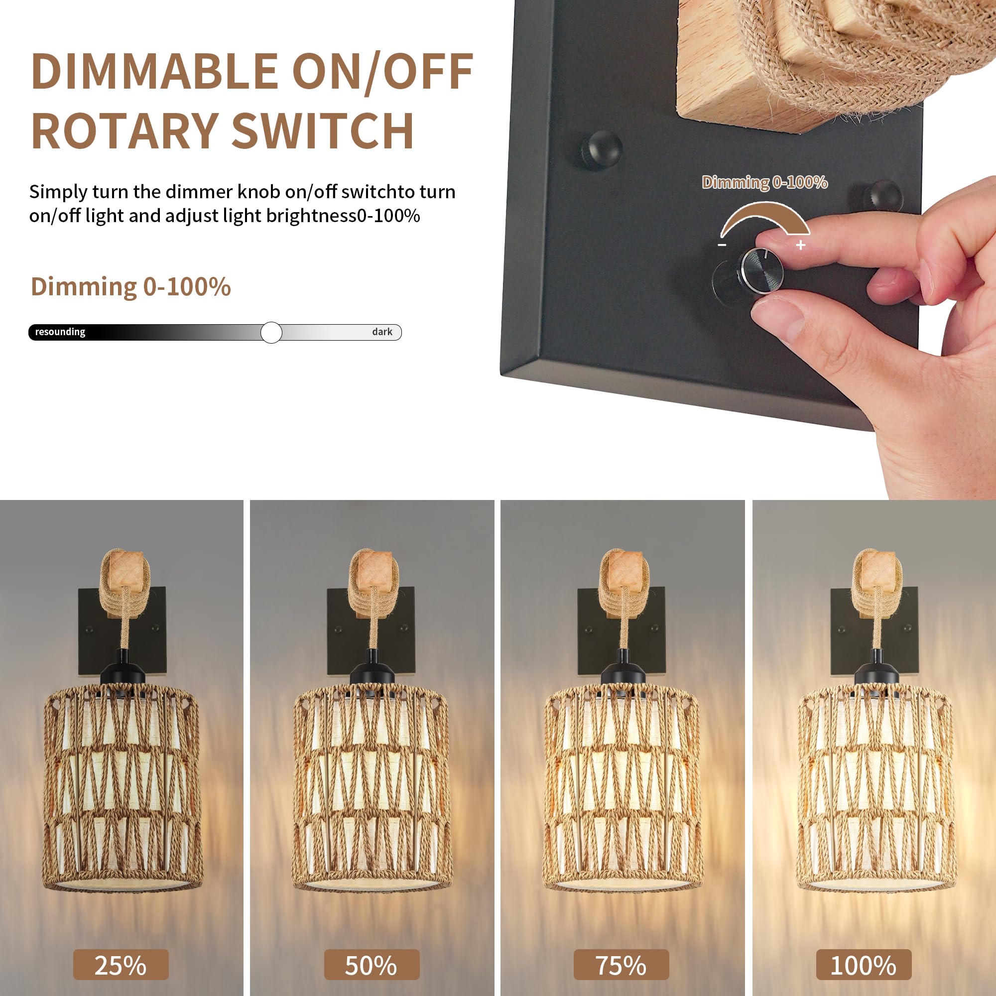 Rattan Plug in Wall Sconces Set of Two,Wicker Wall Lamp with Plug in Cord Hand Woven Rattan Plug in Wall Lamp Rustic Wall Lighting Boho Wall Sconces for Living Room Bedroom