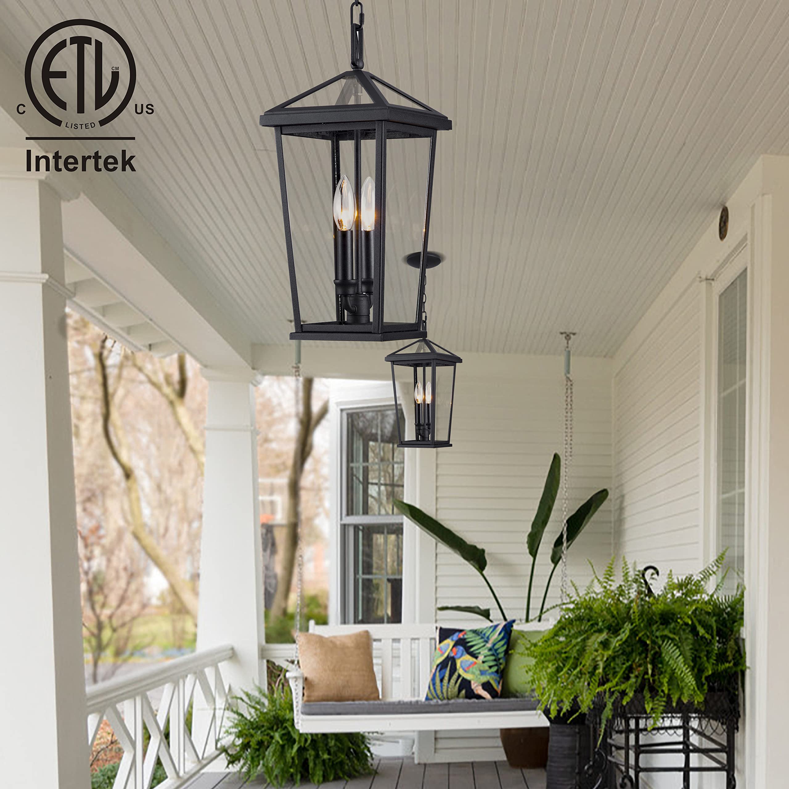 Outdoor Pendant Light Exterior Hanging Lantern Porch Pendant Lights, Light Wood Grain with Glass 1-Light Lamp for for Porch, Patio, Entryway