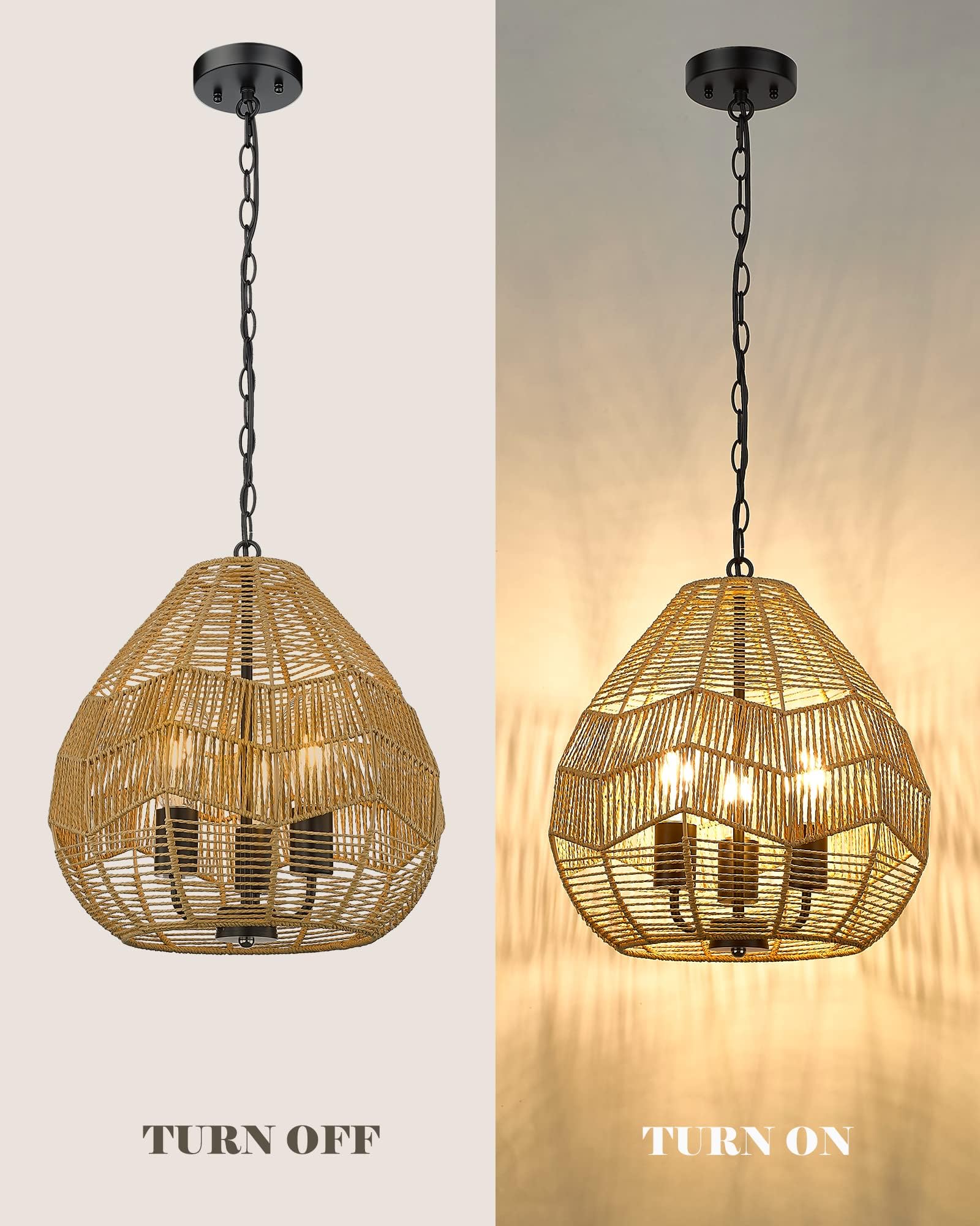 3 Pack Woven Pendant Lights, 7” Modern Boho Hanging Lamp with Handwoven Woven Rattan Shade, Adjustable Farmhouse Coastal Pendant Light Fixtures for Kitchen Island,Dining Room,Bar, Foyer Hallway