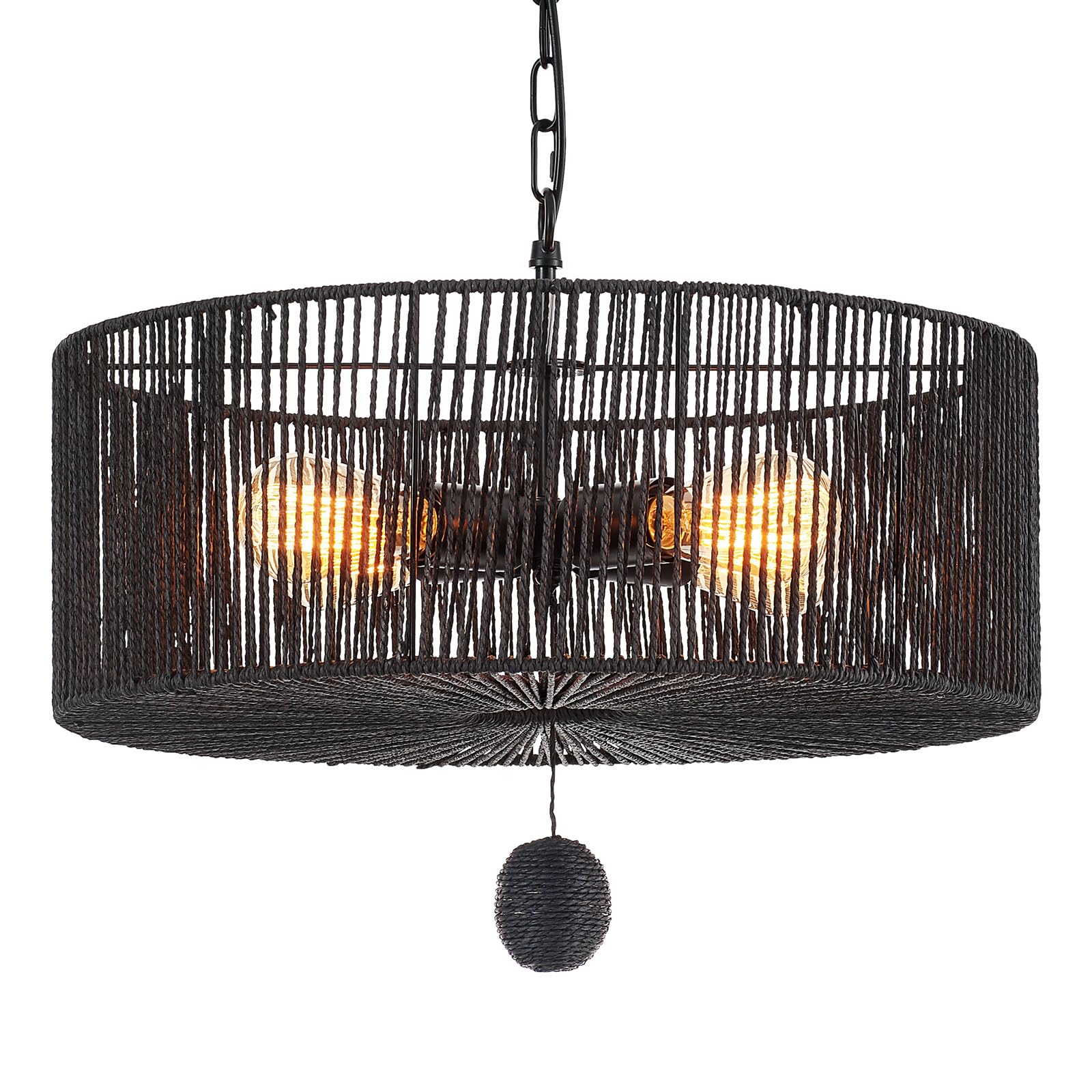 Hand-Woven Rattan Chandelier Vintage Farmhouse Boho Bamboo Chandelier Light Fixture Rustic Retro 5-Lights Drum Wicker Rattan Black Chandelier for Dining Room, Kitchen, Living Room, E12