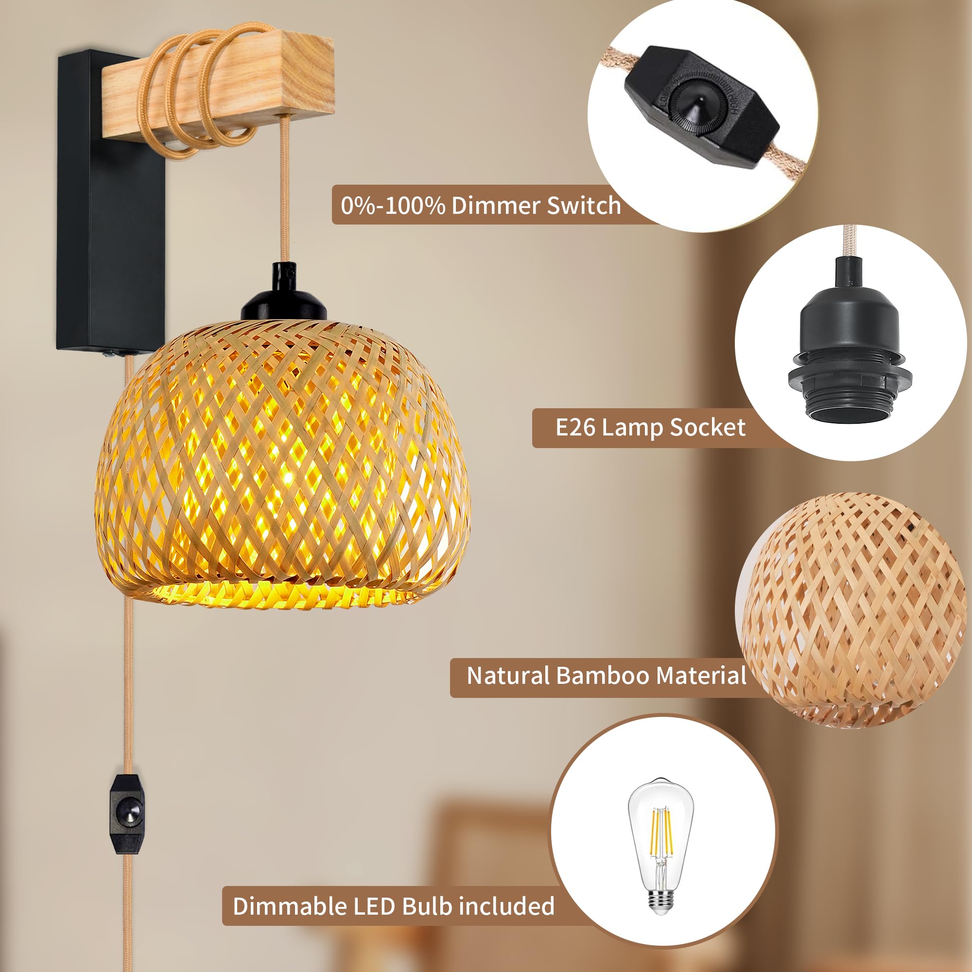 Rattan Plug in Wall Sconces Set of Two,Wicker Wall Lamp with Plug in Cord Hand Woven Rattan Plug in Wall Lamp Rustic Wall Lighting Boho Wall Sconces for Living Room Bedroom