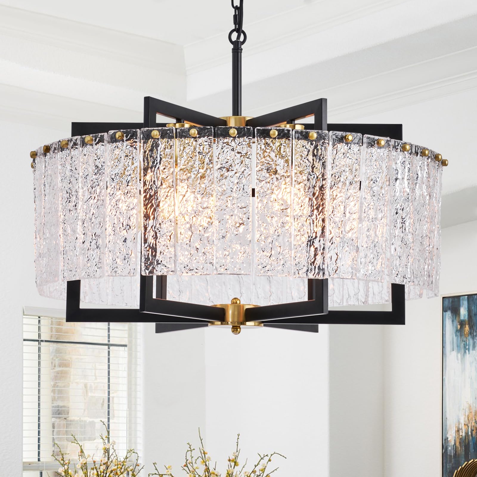 Gold Crystal Chandelier Industrial Pendant Light 11.81 inch Square 4 Lights Modern Vintage Semi Flush Mount Ceiling Light Fixture for Kitchen Island Dining Room Living Room Bedroom