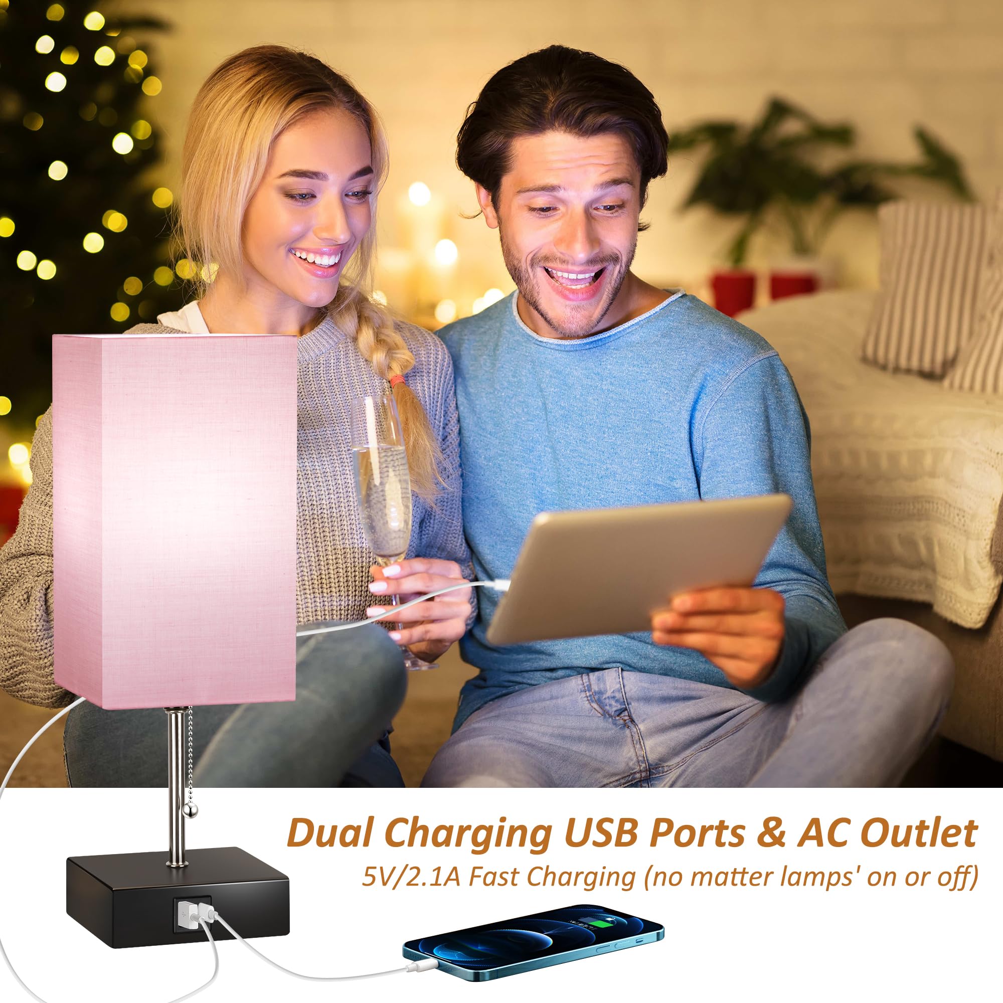 3 Color Temperature Bedside Lamp with USB C and USB A Ports Grey Table Lamps for Bedroom Nightstand Small Lamps Bed Lamp Desk Lamps by Pull Chain (Bulb Included)