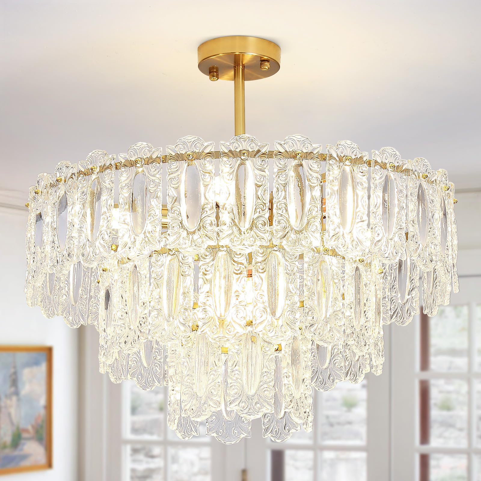 Wansi Modern Crystal Chandeliers for Bedroom: 24" Gold Crystal Hanging Ceiling Light Fixture with 3 Tiers French Glass Lampshade - Semi Flush Mount Chandelier for Dining Room Kitchen Included Bulbs