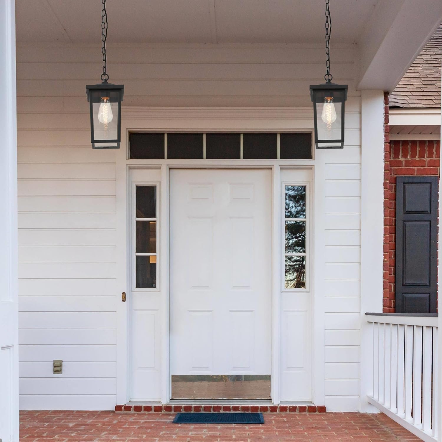 Outdoor Pendant Light Fixture, Farmhouse Exterior Hanging Lights with Adjustable Chain, Black Anti-Rust Ceiling Outdoor Light with Clear Glass, Hanging Lantern for Front Door, Entry, Porch, and Gazebo