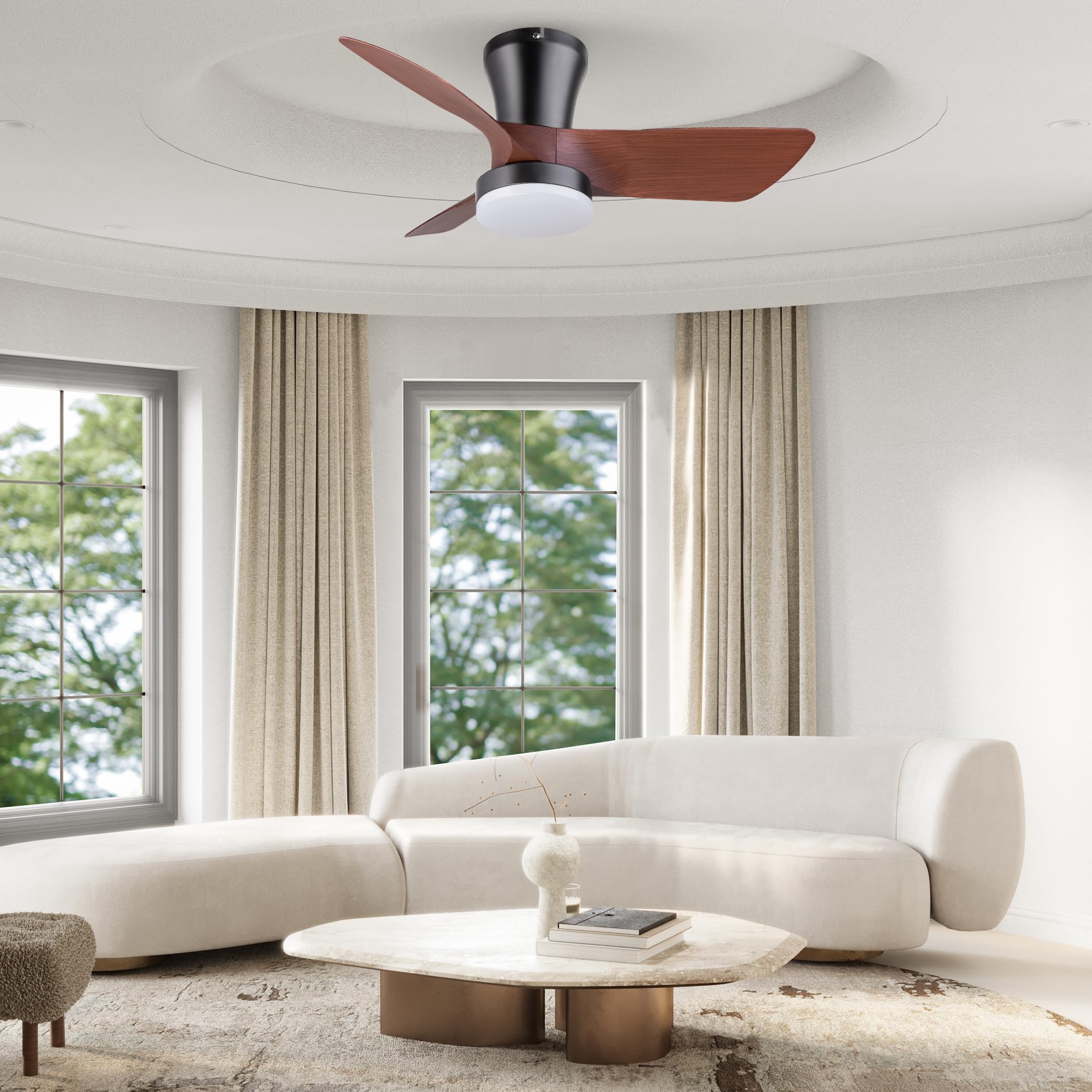 Ceiling Fans with Lights and Remote, 30 inch Low Profile Ceiling Fan with Light, Modern Flush Mount Ceiling Fan for Bedroom/Kitchen/Dining Room/Patio, 6 Wind Speeds, Dimmable, White