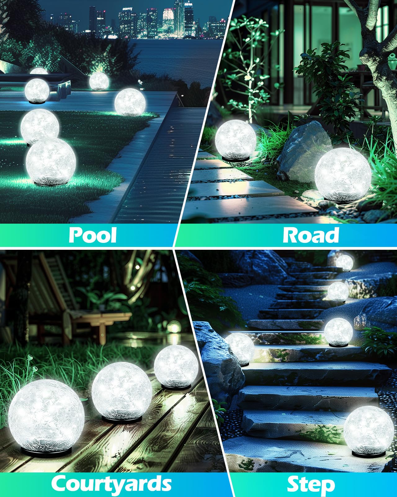 Garden Solar Ball Lights Outdoor Waterproof, 50 LED Cracked Glass Globe Solar Power Ground Lights for Path Yard Patio Lawn, Christmas Decoration Landscape Warm White(2 Pack 4.7'')