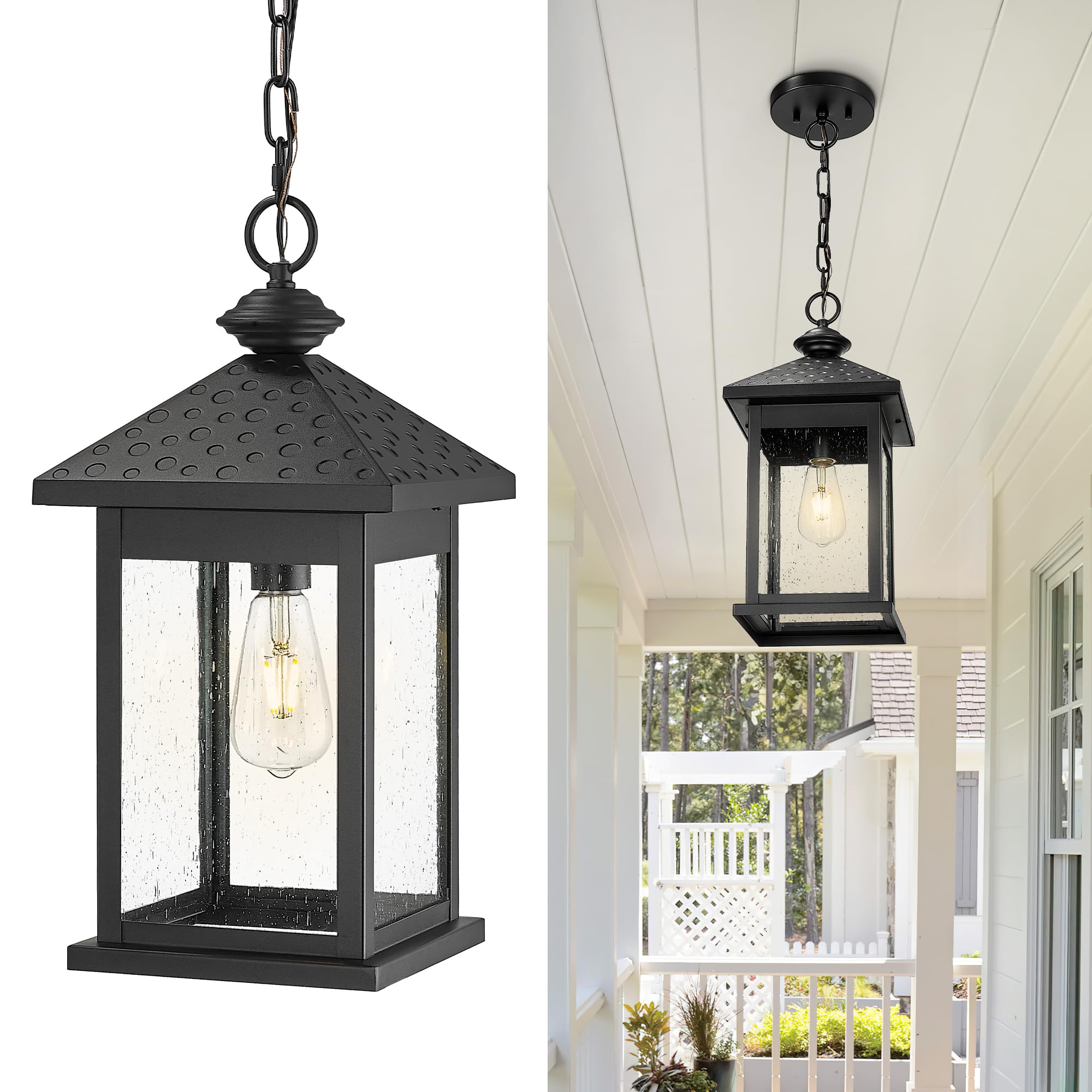 Outdoor Pendant Light for Patio, Exterior Metal Hanging Light with Seeded Glass, Black Finish, DE280HM BK