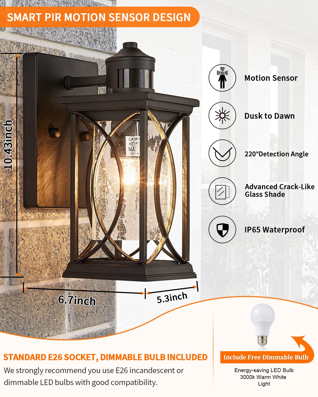 Outdoor Pendant Light Fixtures Dusk to Dawn Exterior Ceiling Hanging Lantern for Porch, Modern Black Outside Chandelier Light with Crack Glass for Front Door Porch Gazebo Foyer Entryway