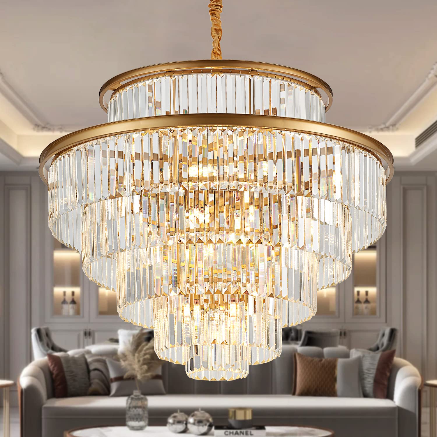 23" 8-Light Modern Crystal Chandelier Light Fixtures 2 Rings Gold Luxury Chandeliers for Dining Room Round Hanging Pendant Lighting for Living Room Kitchen Entryway Bedroom