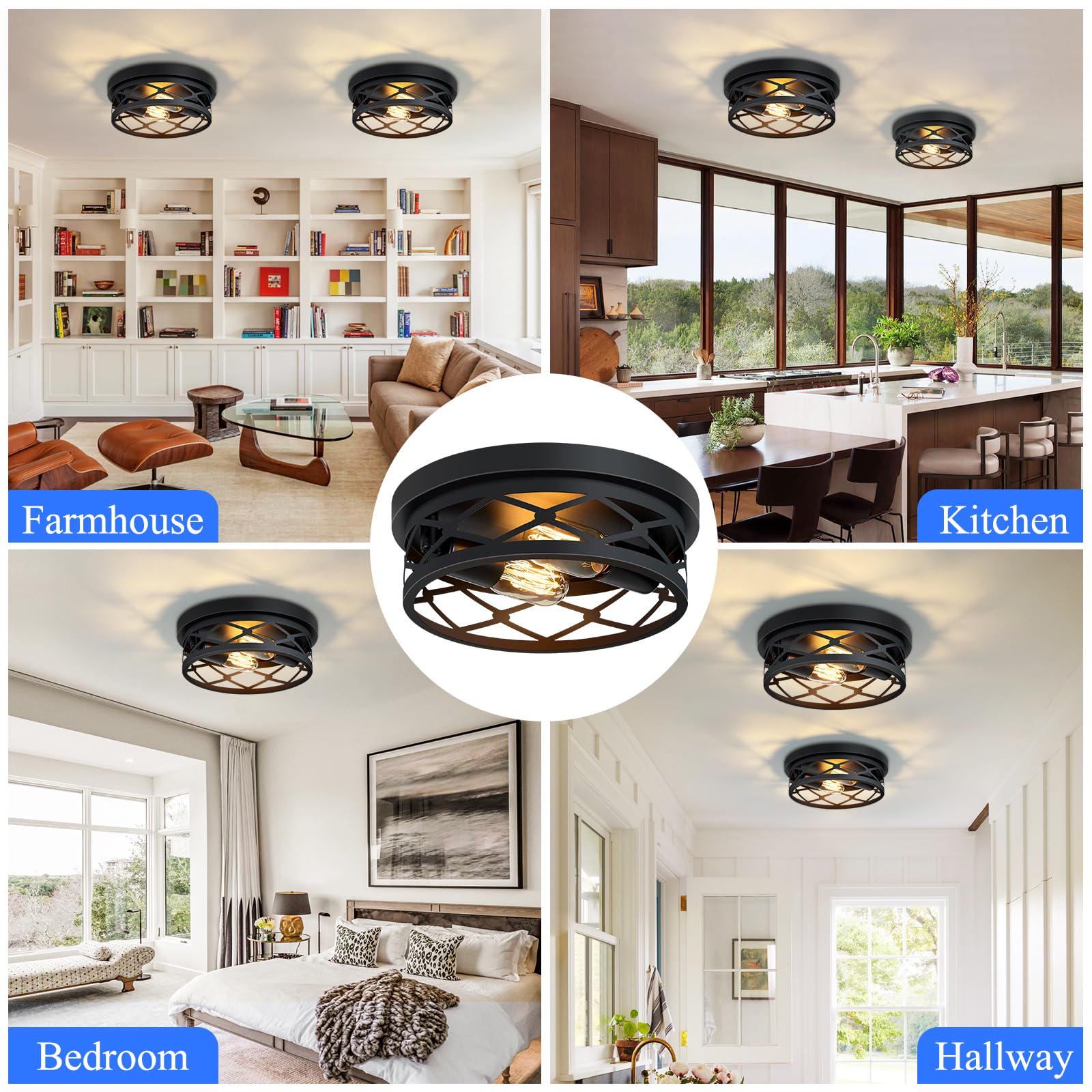 Flush Mount Ceiling Light Fixture,3-Light Ceiling Light Fixture for Hallway, Black Hallway Light Fixtures Ceiling,Light Fixtures Ceiling Mount for Kitchen,Farmhouse,Hall (1 Pack) (13.1inch)