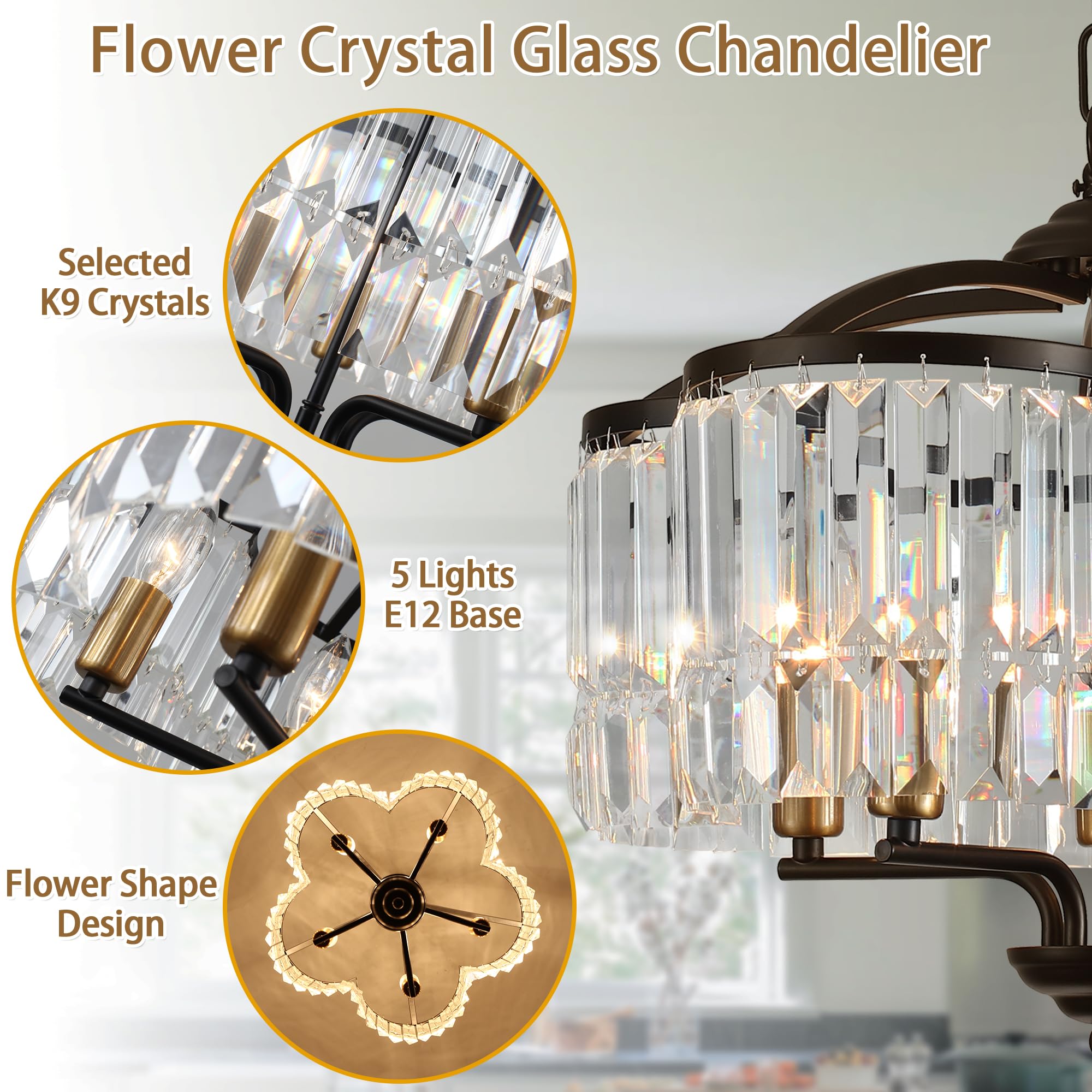 Modern Black Glass Chandeliers for Dining Room Water Ripple Glass Light Fixture 6-Light Crystal Chandeliers for Kitchen Island Living Room Bedroom