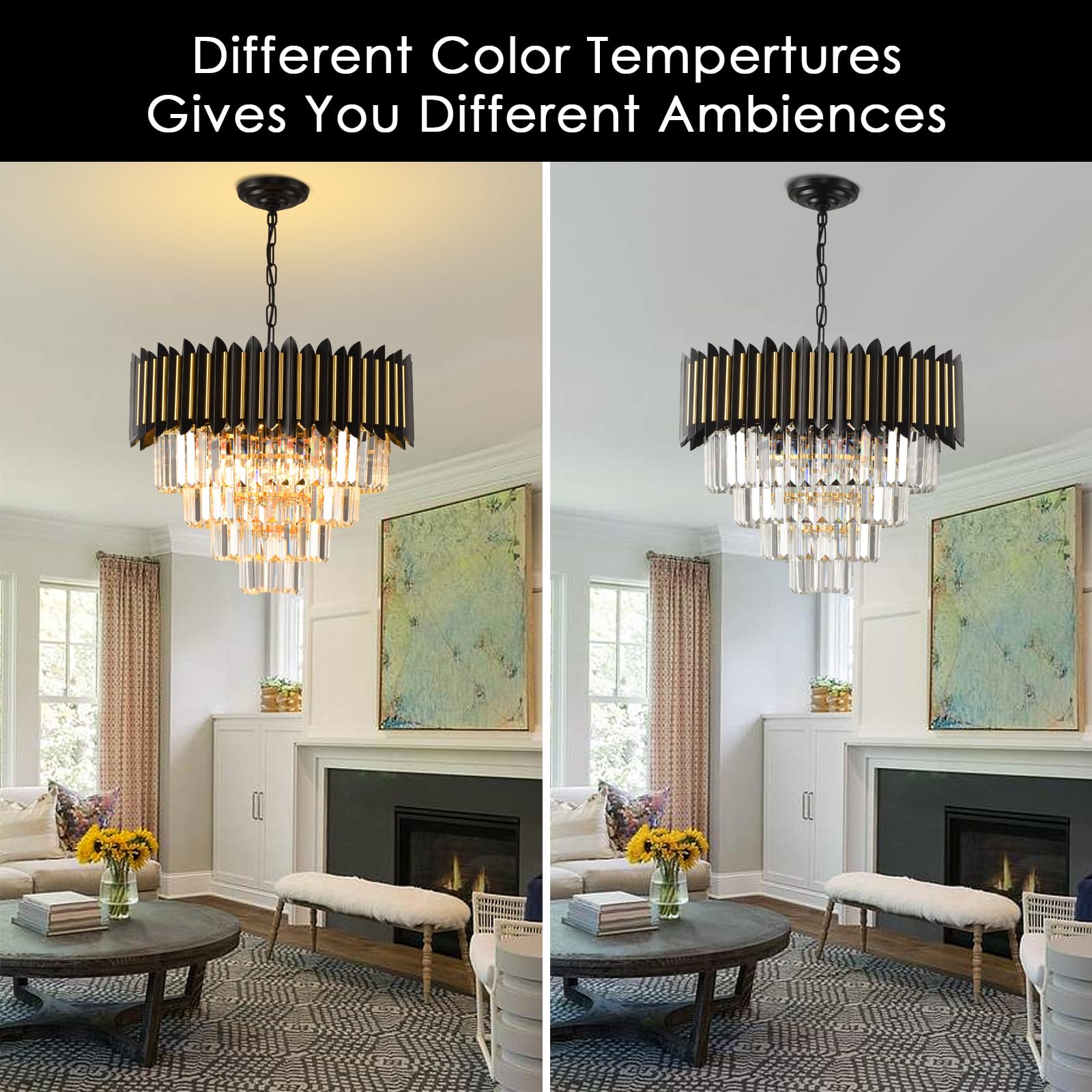 Modern Crystal Chandeliers 3 Tiers Black and Gold Chandelier Pendant Light Fixtures Round Flush Mount Chandeliers Ceiling Lighting for Living Room Dining Room Foyer Bedroom Entryway Kitchen W16in